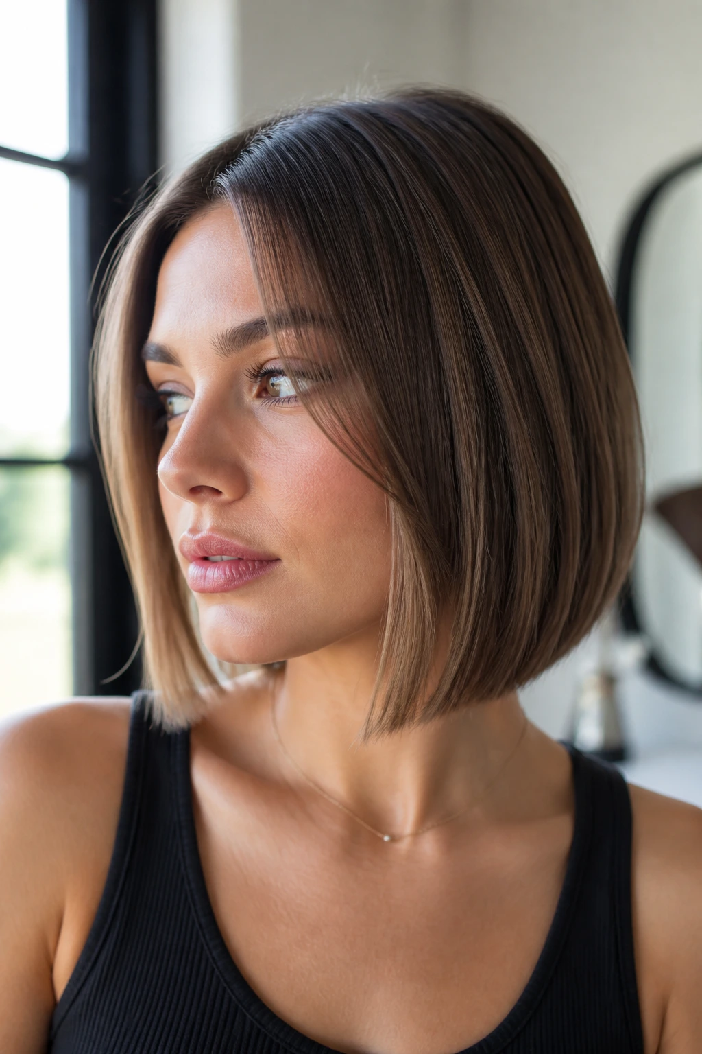 Close-up of real woman with a soft layered straight bob under natural window light.