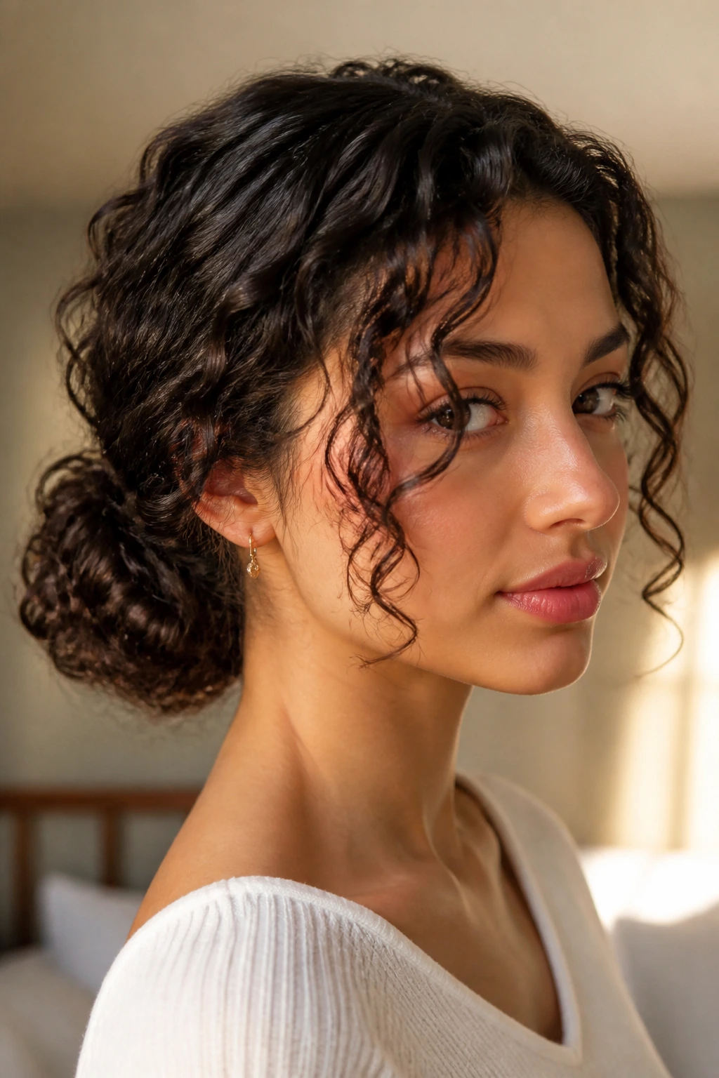 Close-up of a real woman with a soft low curly bun at the nape and loose curls framing the face.