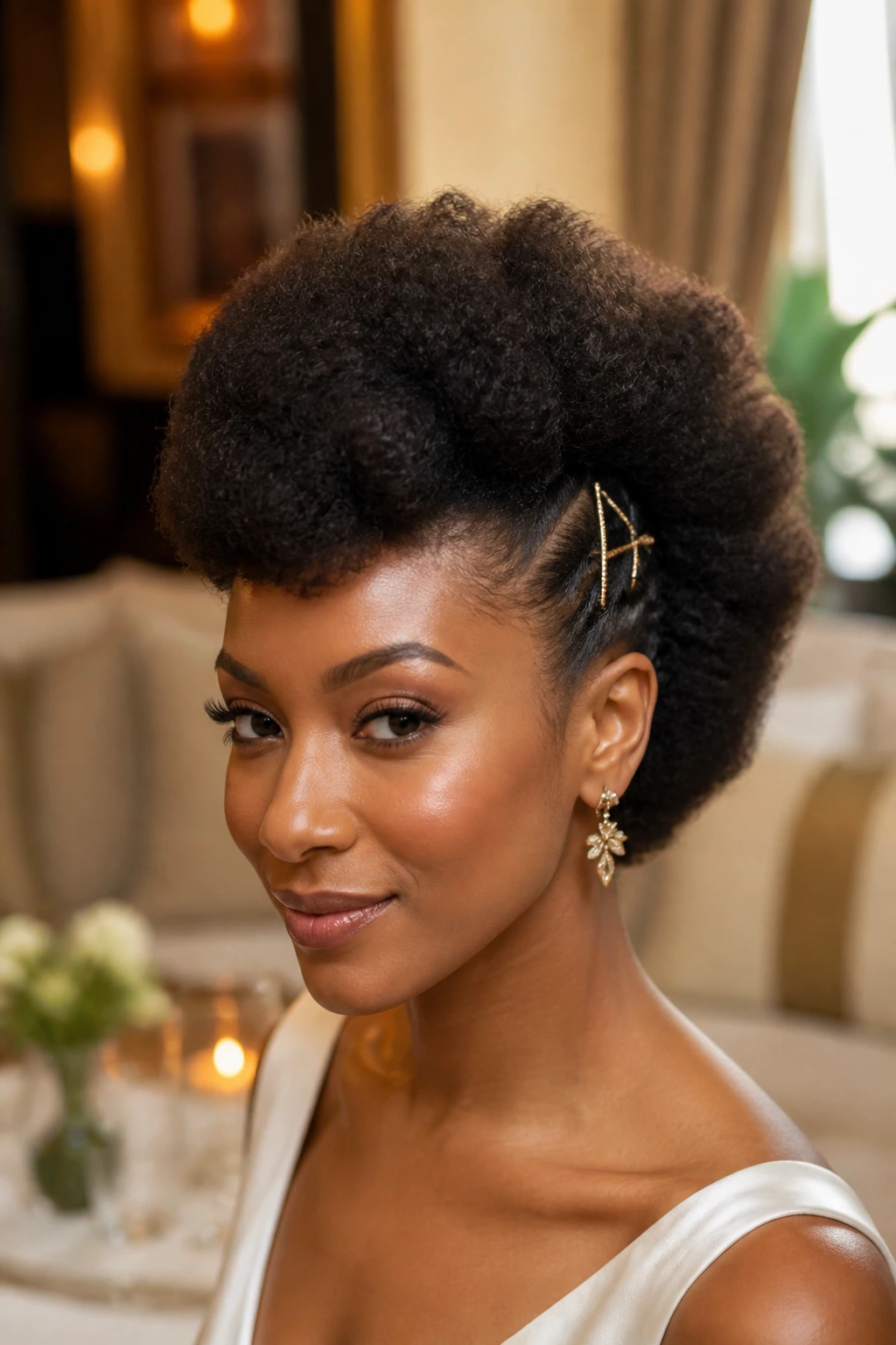 Close-up of a real woman with a soft Mohawk Afro Updo With Pins