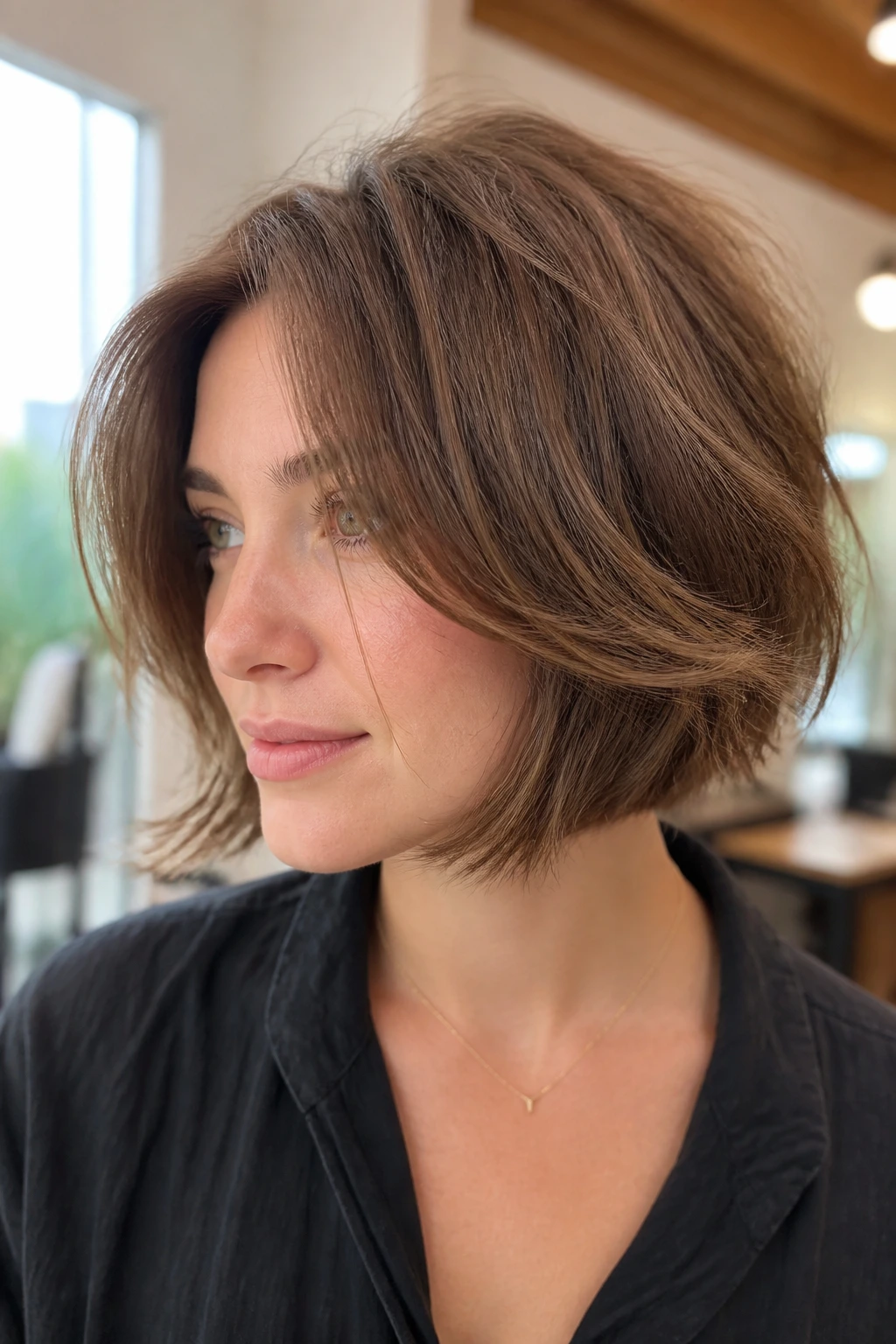 Close-up of real person with soft razor bob and fluffy finish in natural salon lighting