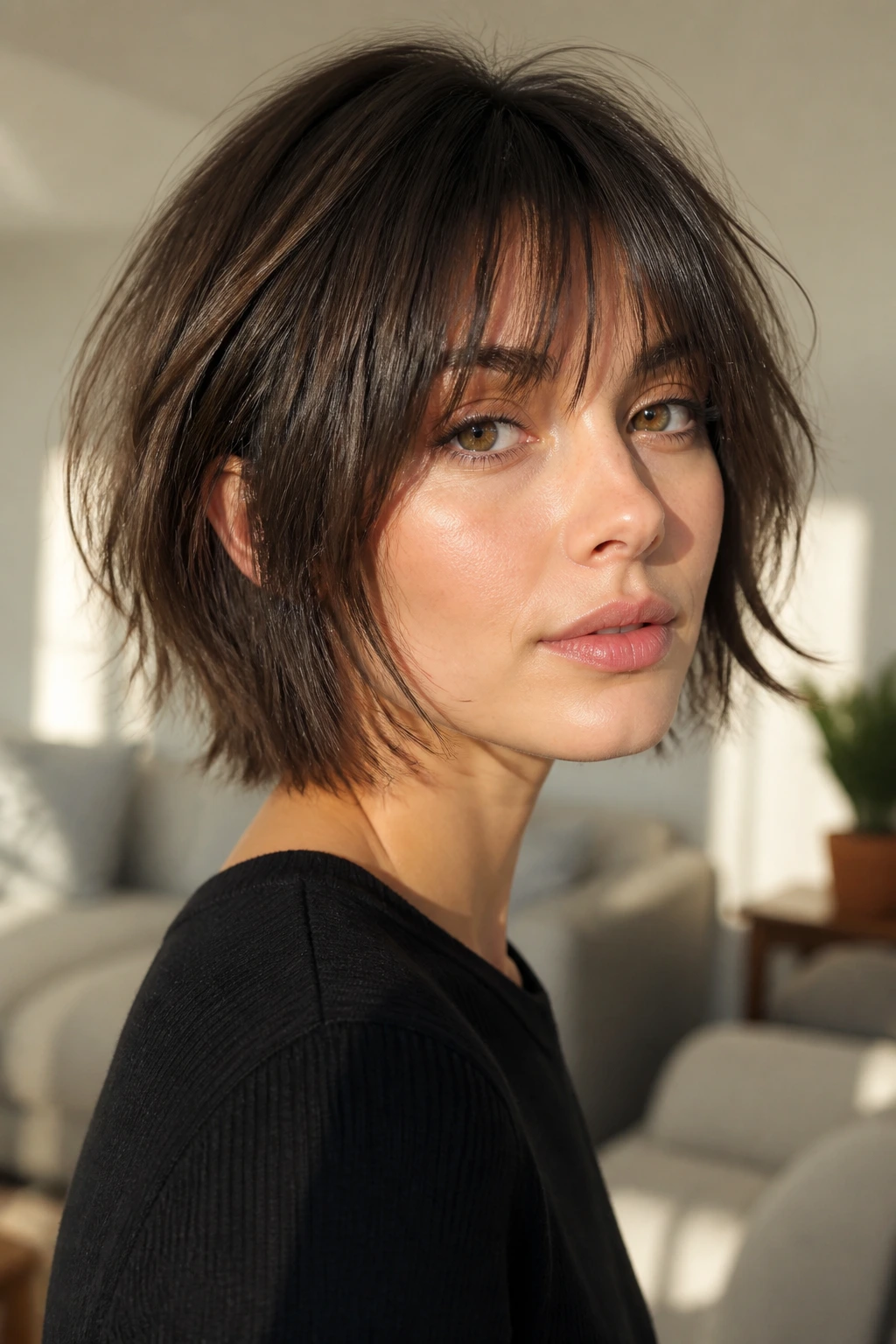 Close-up portrait of a real woman with a soft razor wolf cut bob in warm window light