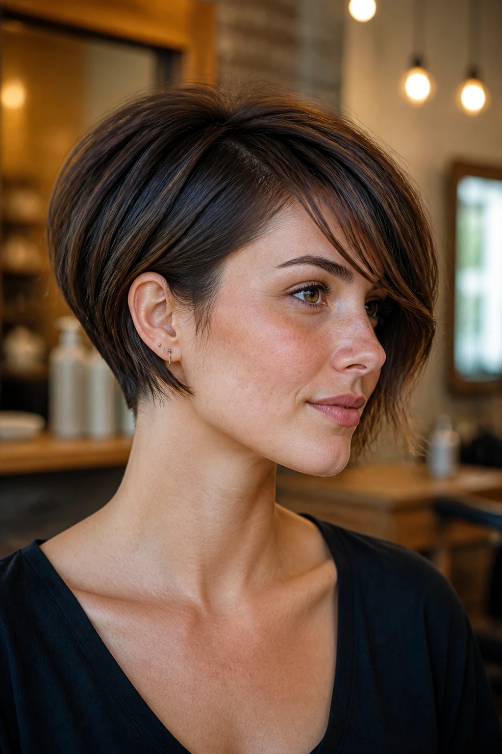 Close-up portrait of a real woman with a soft undercut bob and deep side bangs in warm salon light