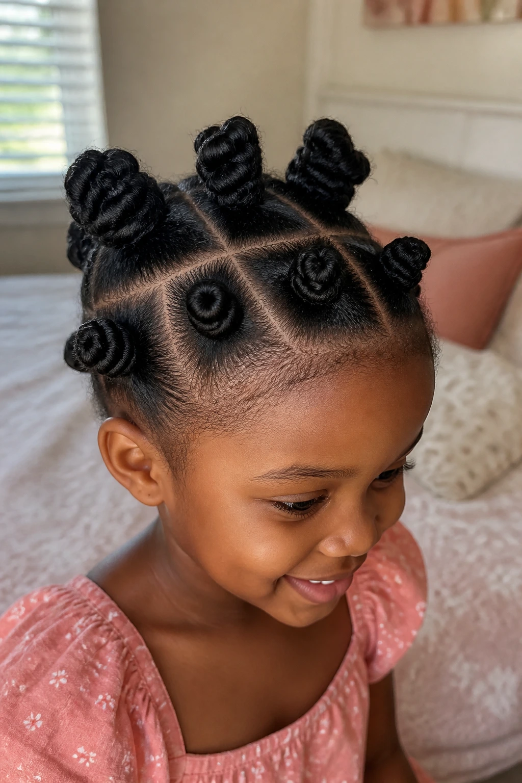 Close-up portrait of a child with two-row space-bun bantu knots in natural window light