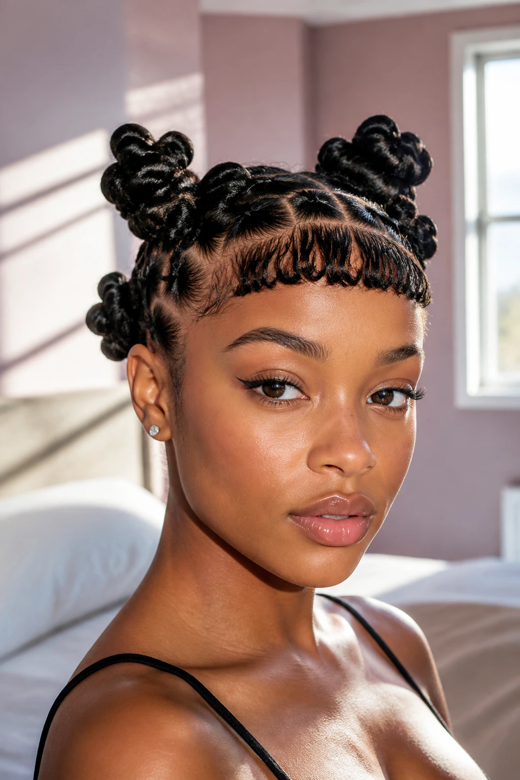 Close-up portrait of a real woman with Space-Bun-Inspired Bantu Knots With Micro Bangs under soft window light.