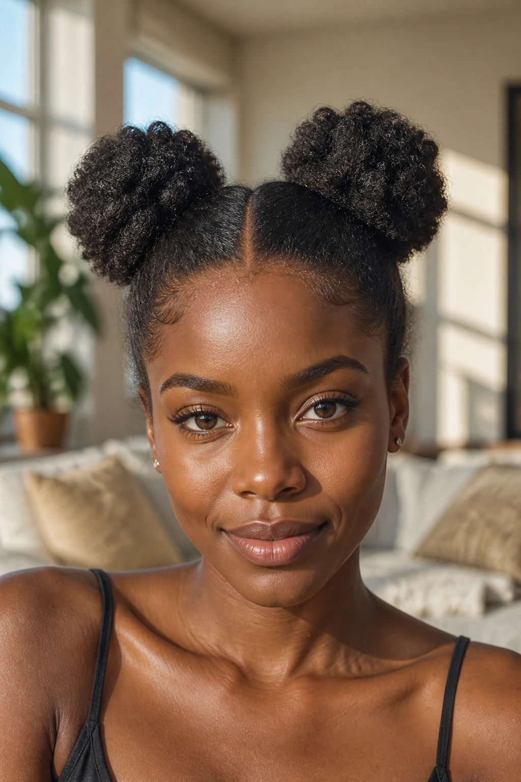 Close-up portrait of a real person with space buns on 4C hair and a middle part.