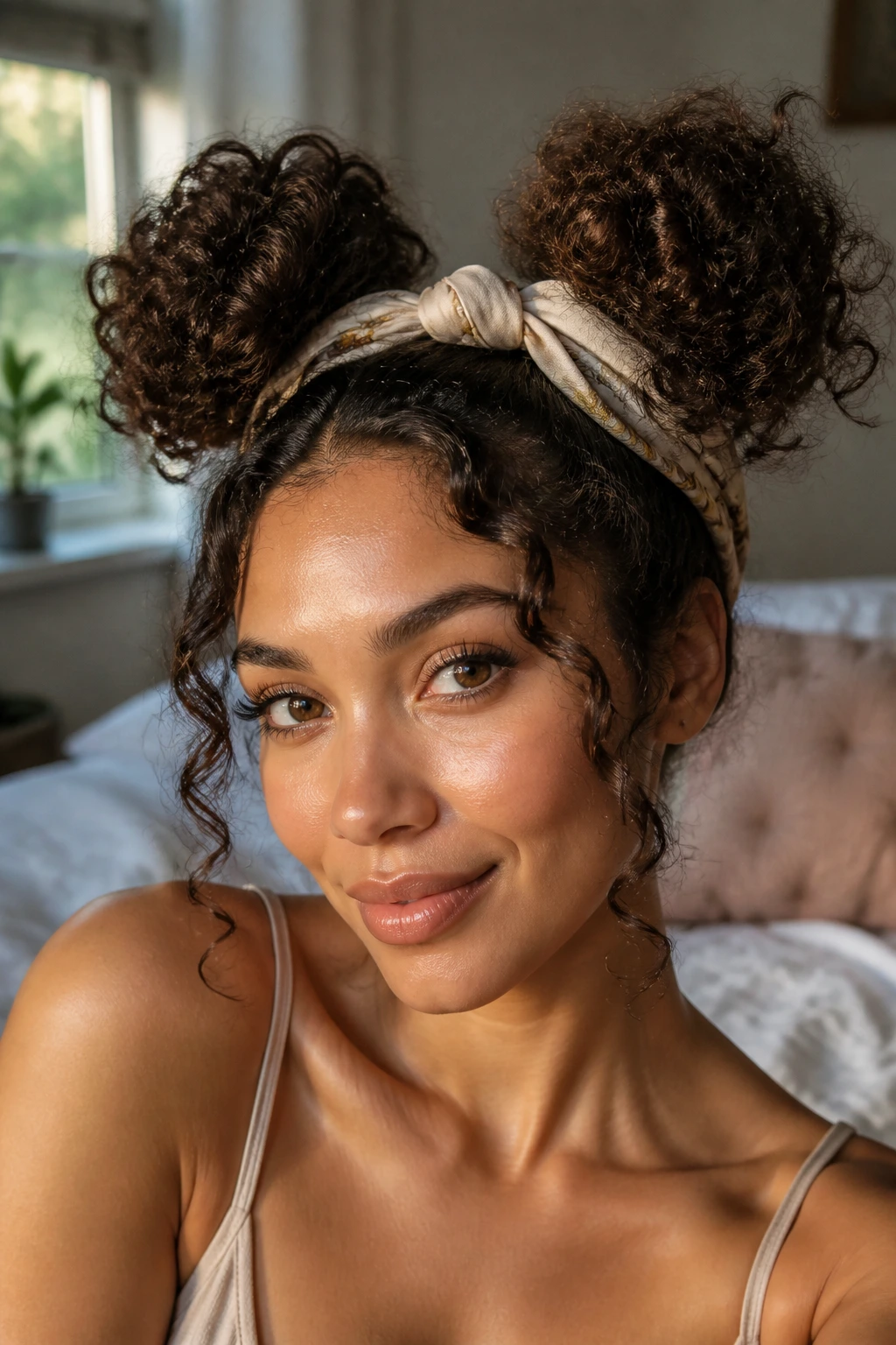 Close-up portrait of a real woman with space buns and center knot scarf, curly hair texture visible