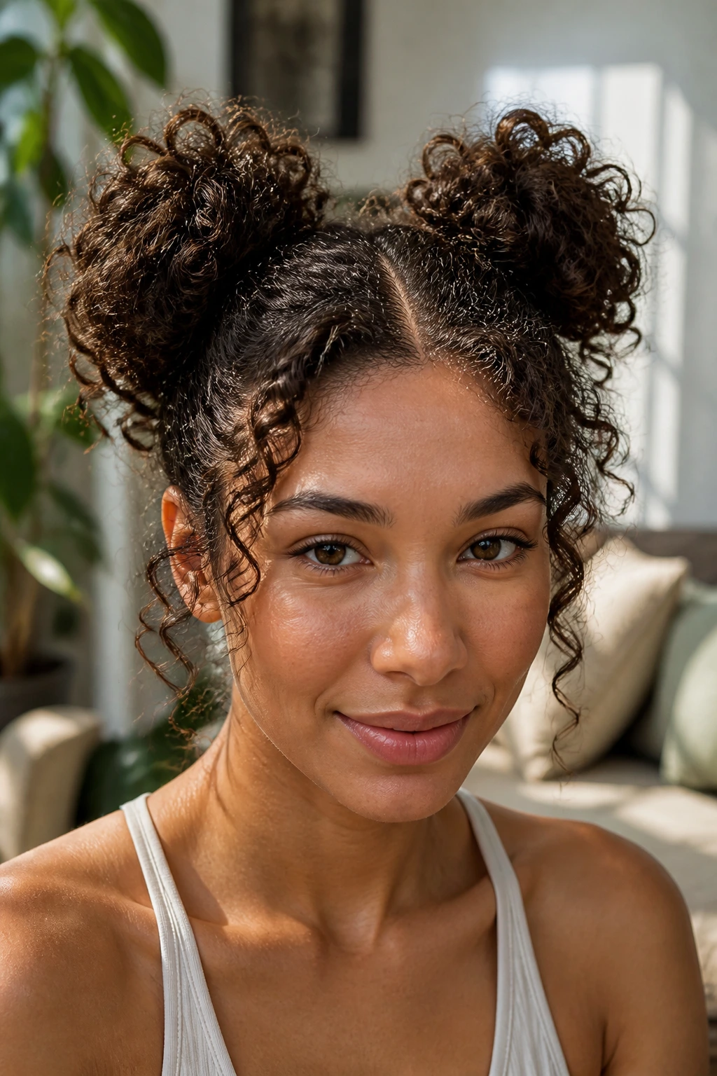 Close-up of a real woman with two loose space buns and visible curl texture