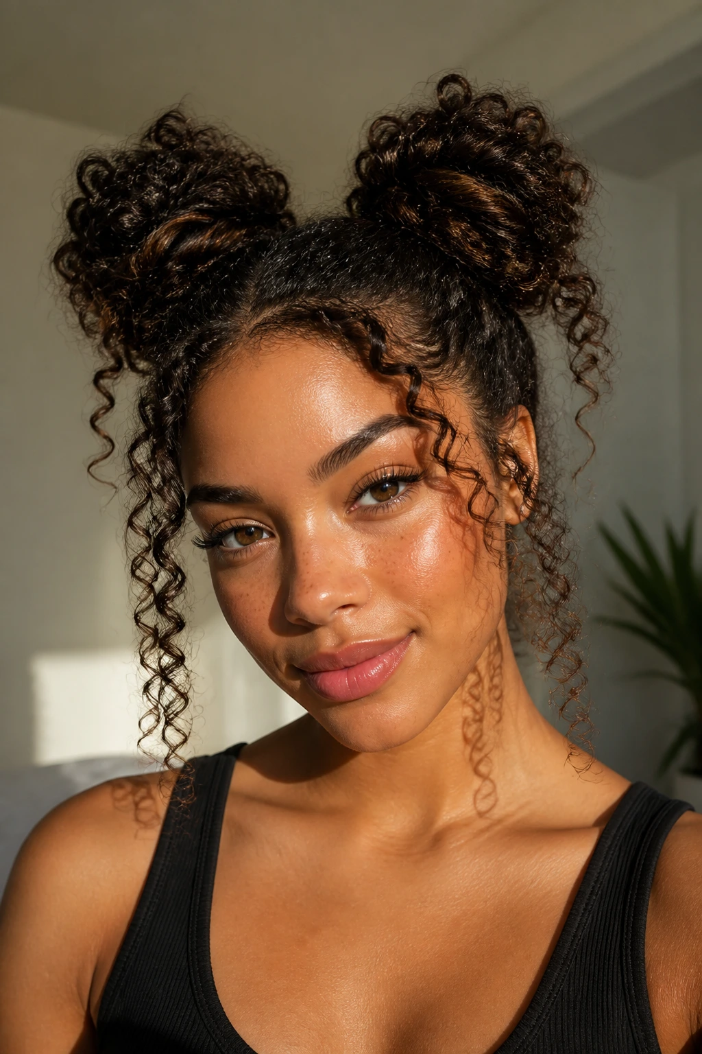Close-up of a real person with space buns and curled hair around the face