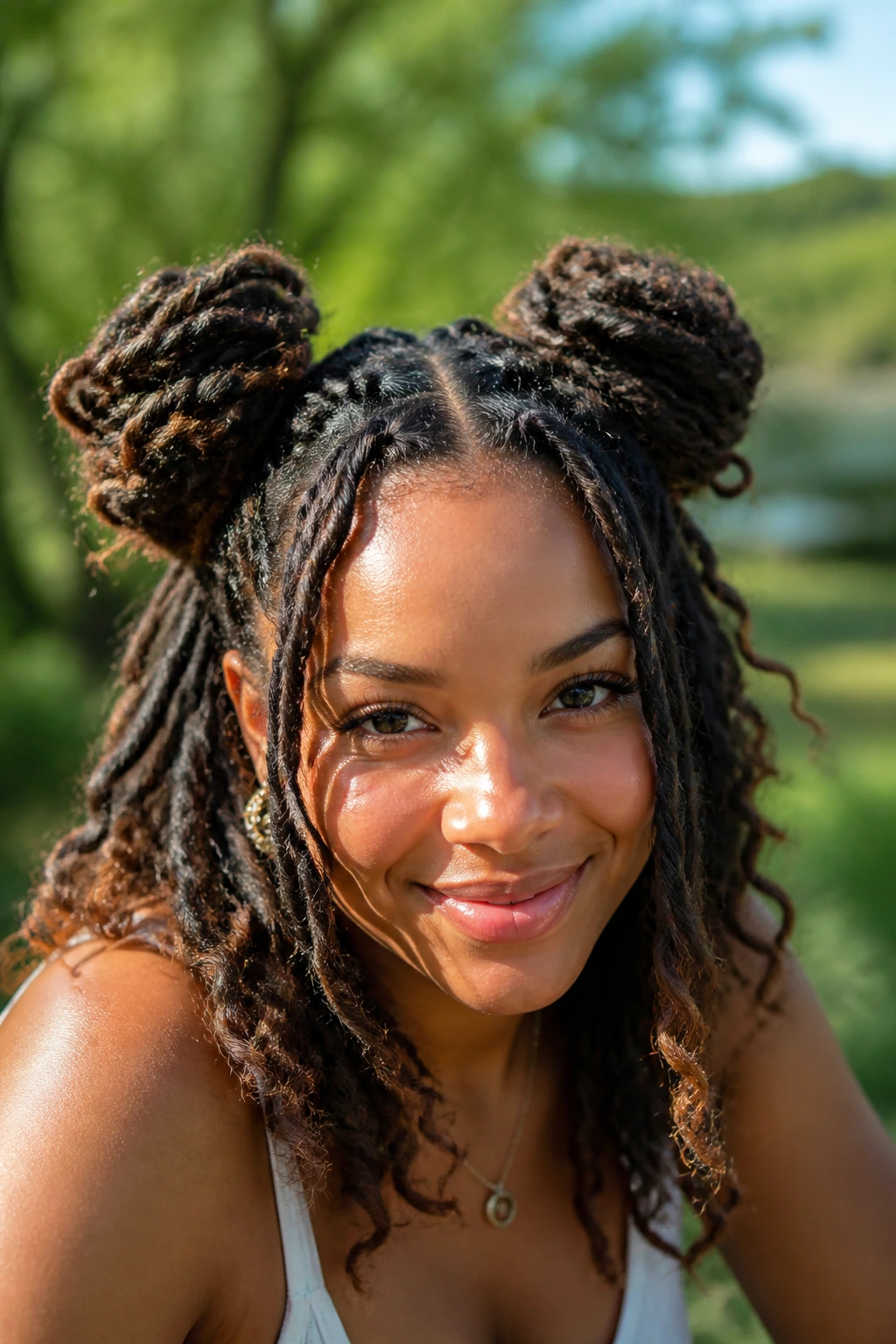 Portrait of a real person with two space buns on top, curly dreadlocks visible around the buns