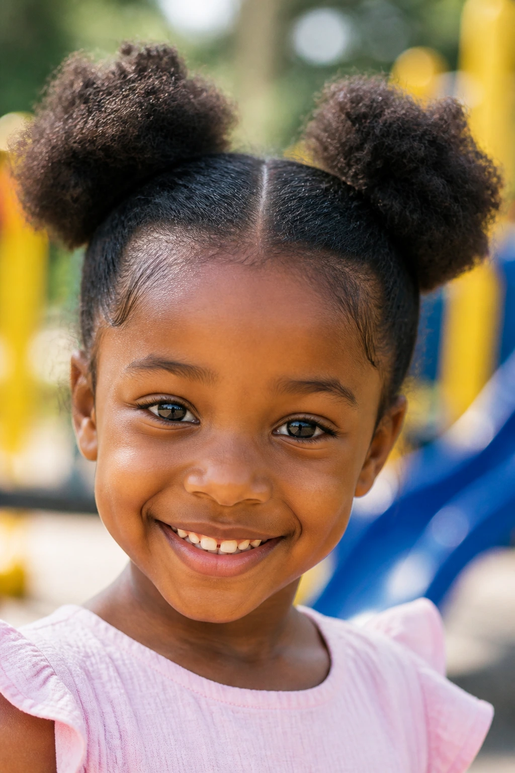 Two space buns on natural hair of a little girl.