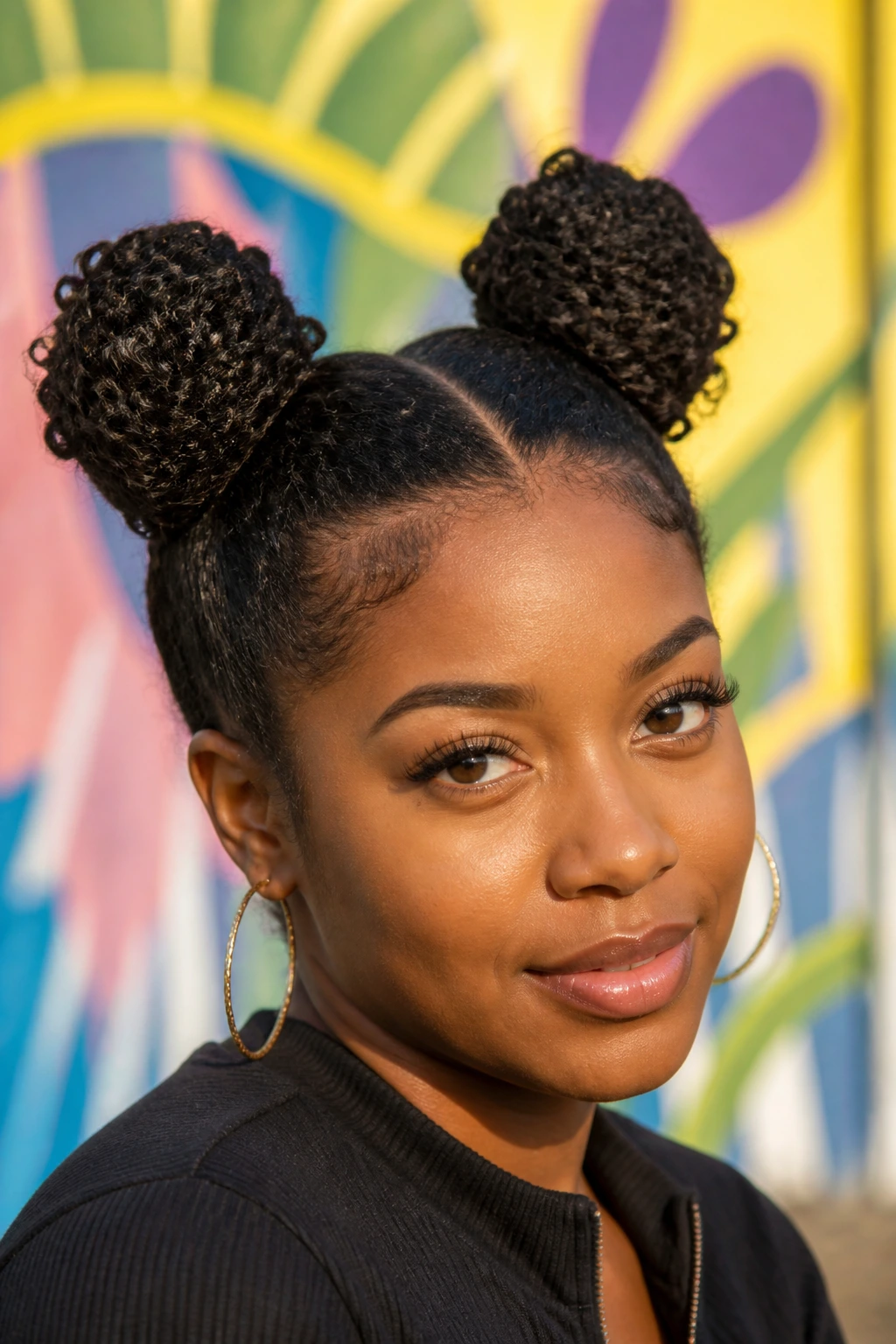 Close-up of a real person with space buns on stretched curls.