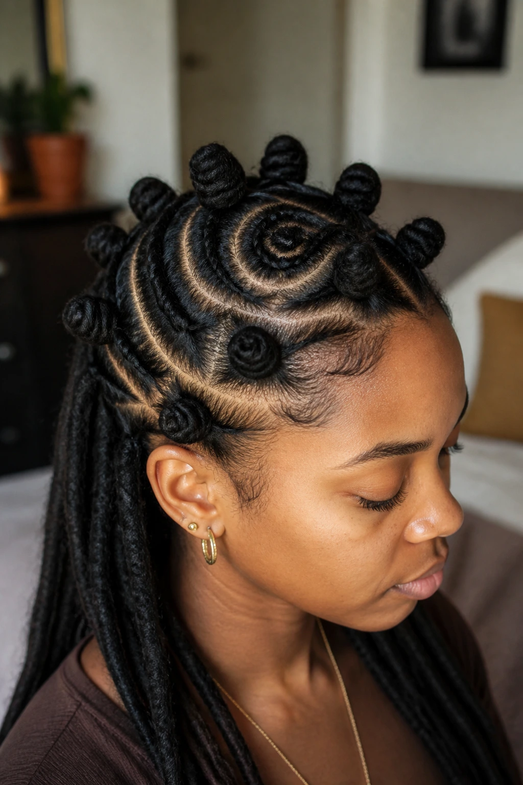 Close-up of a real woman with spiral placement Bantu knots on long locs