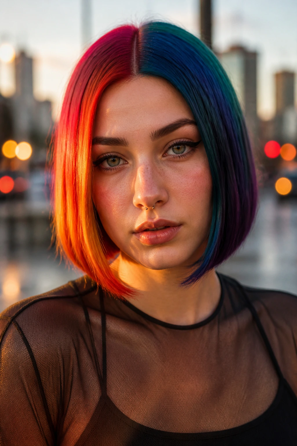Portrait of person with split-dye rainbow bob showing color split on both sides