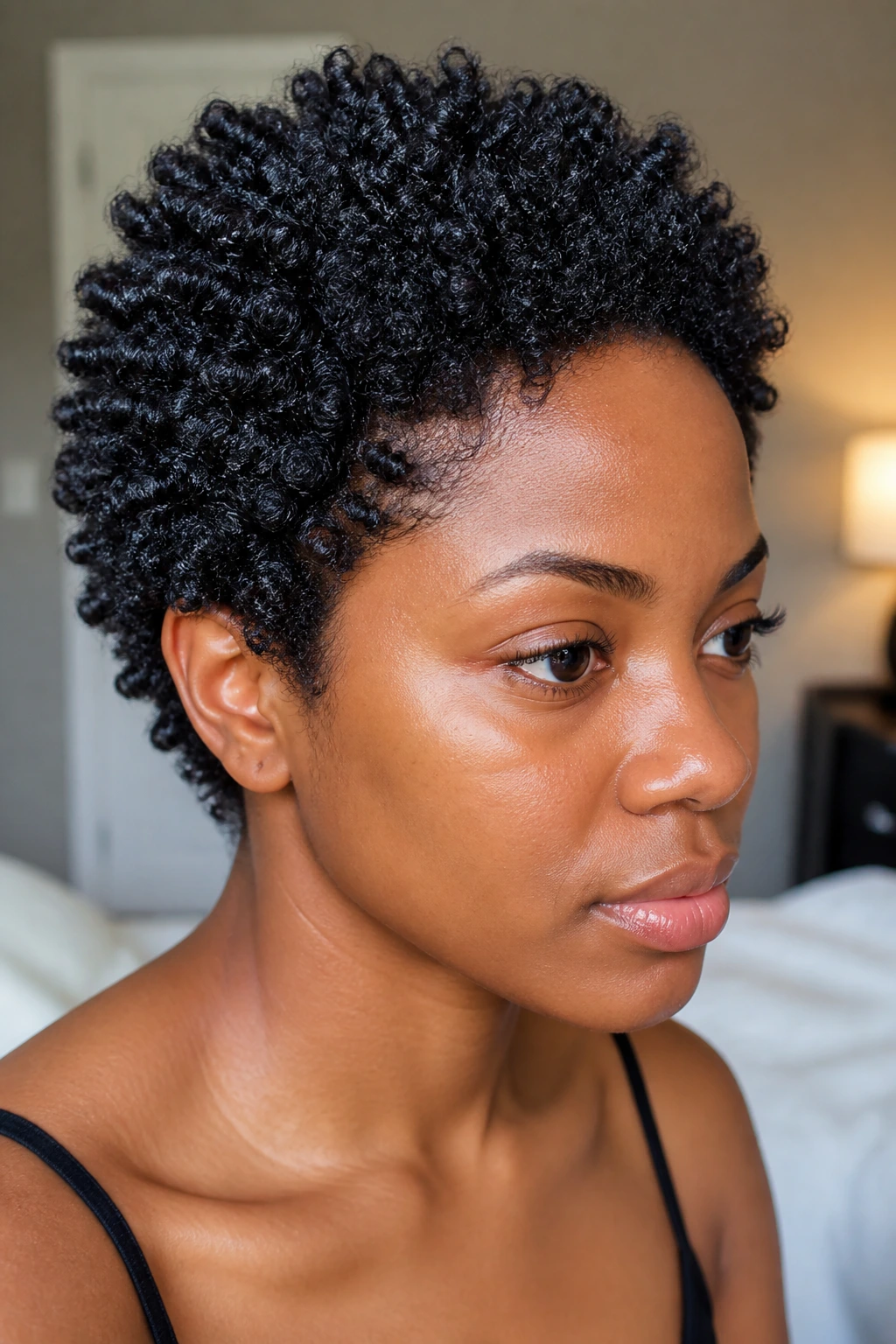 Close-up portrait of a real person with a sponge-coiled Afro on short 4C hair under natural window light