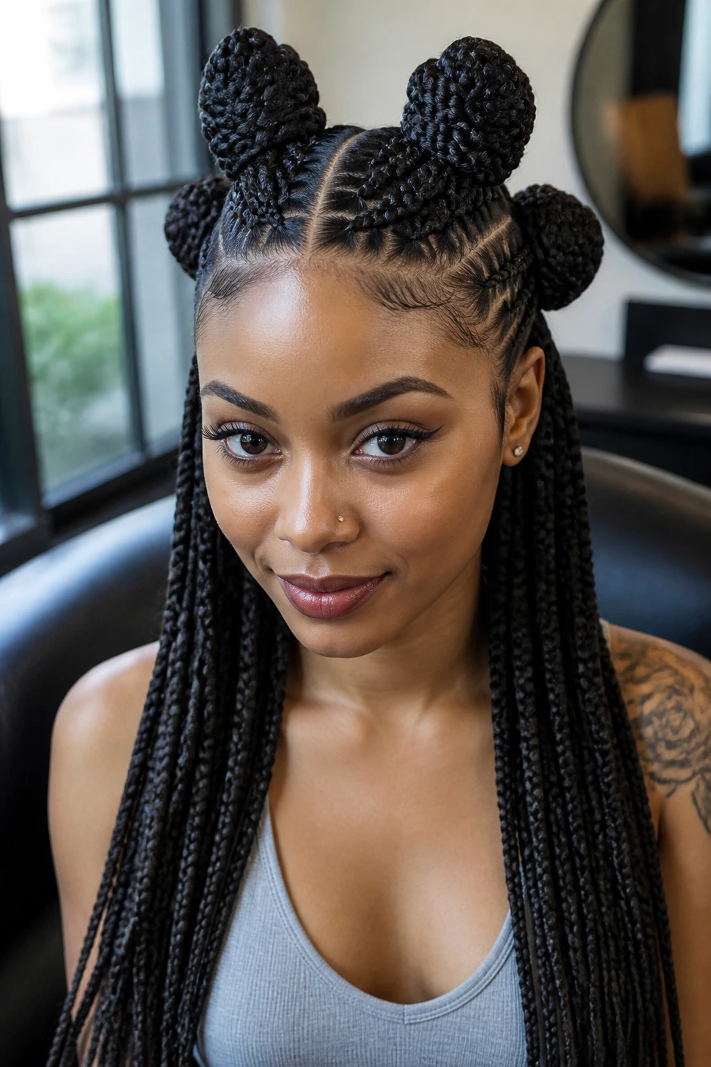 Close-up of a real woman's crown with four square knots over box braids in natural salon light