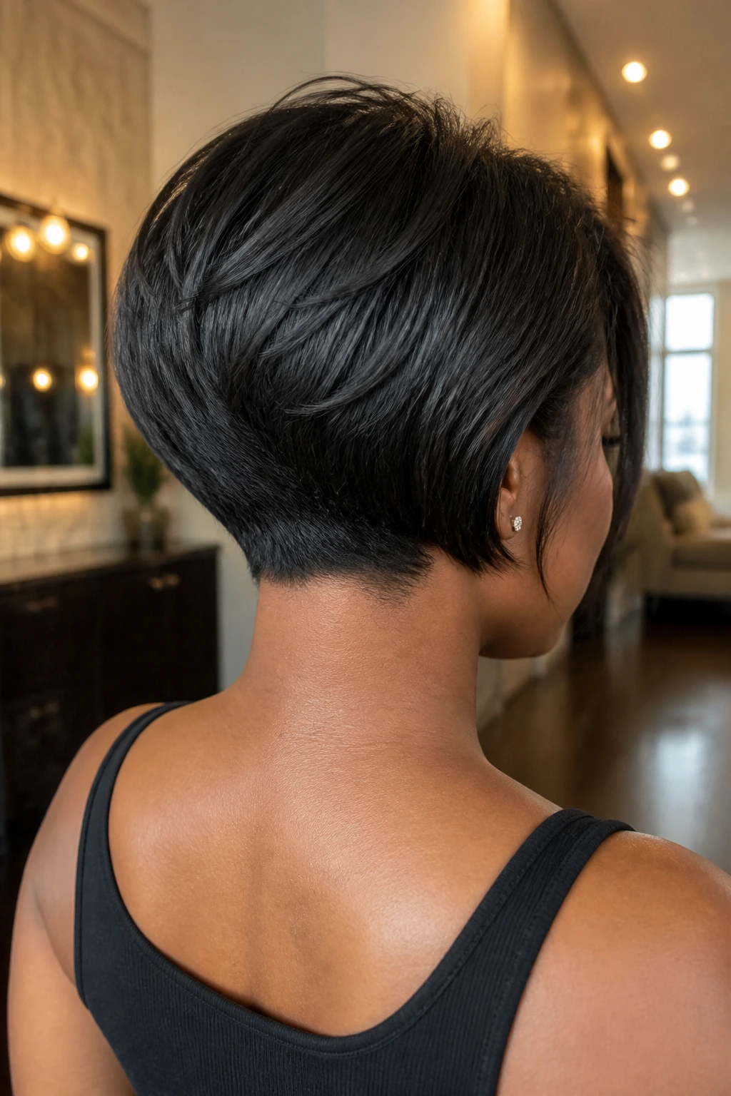 Rear three-quarter portrait of a real person with a stacked bob and crown lift