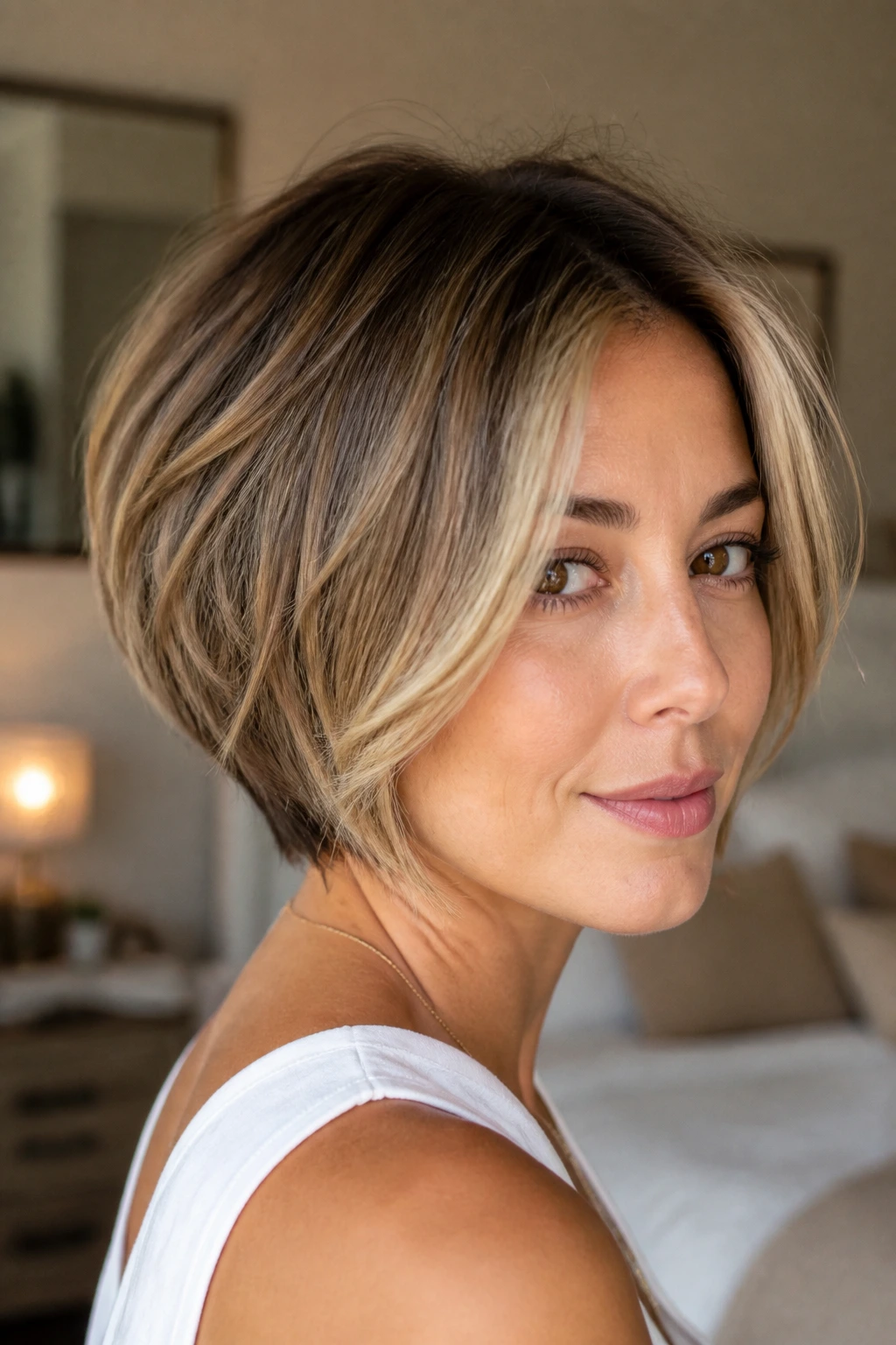 Close-up of a real woman with a soft stacked bob and face-framing slices in warm window light