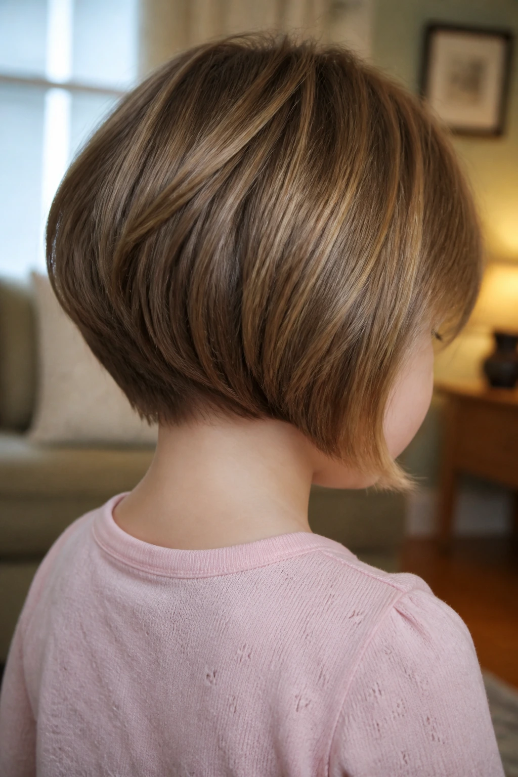 Back view of a little girl showing a stacked bob with lift at the nape