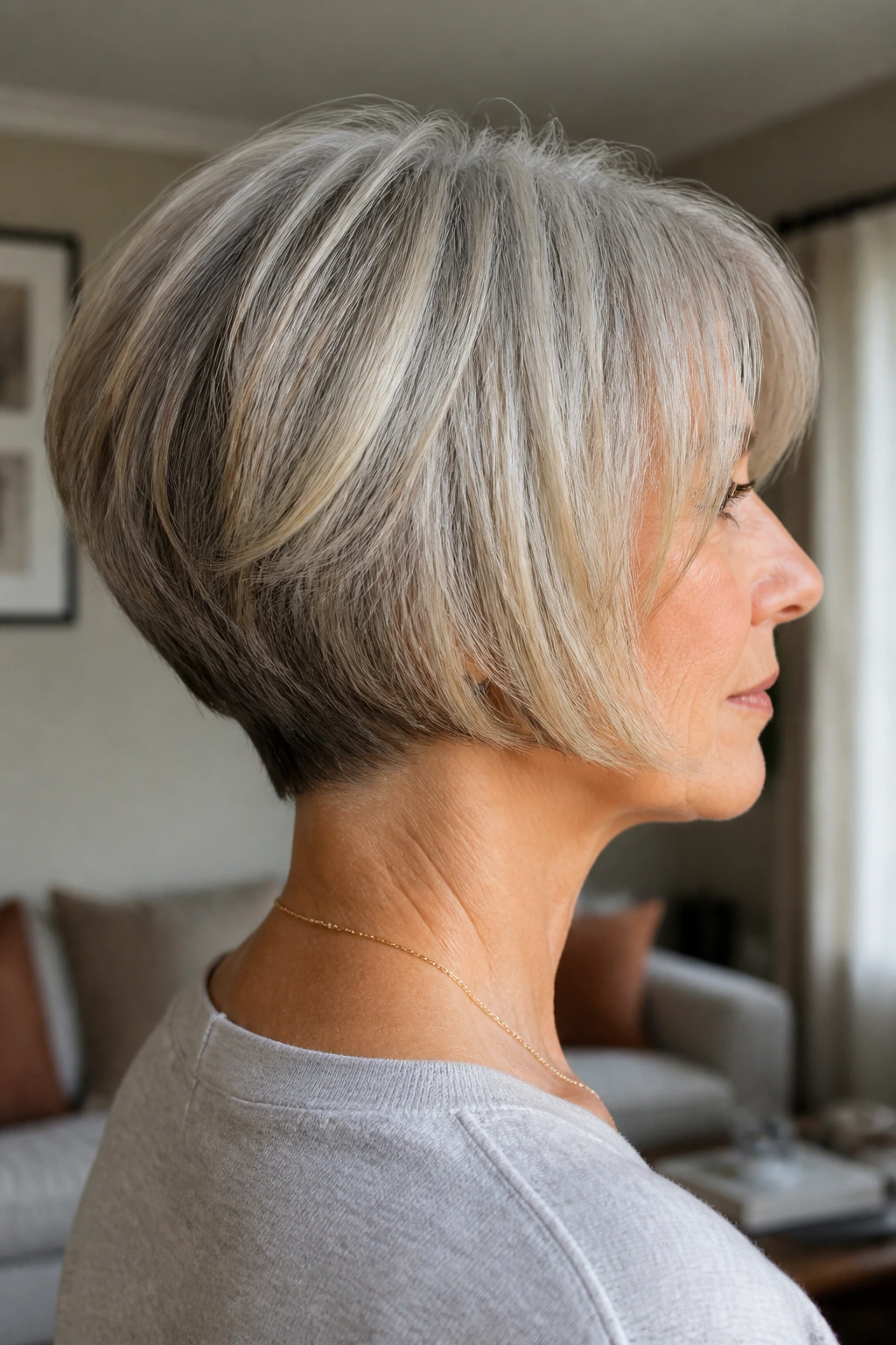 Portrait of a real woman with a stacked bob at the nape in warm indoor light.