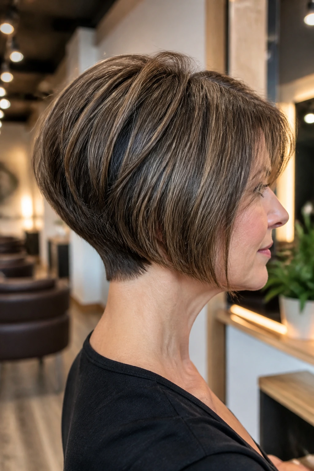 Profile shot of a woman with a stacked bob and tapered nape in a warm salon