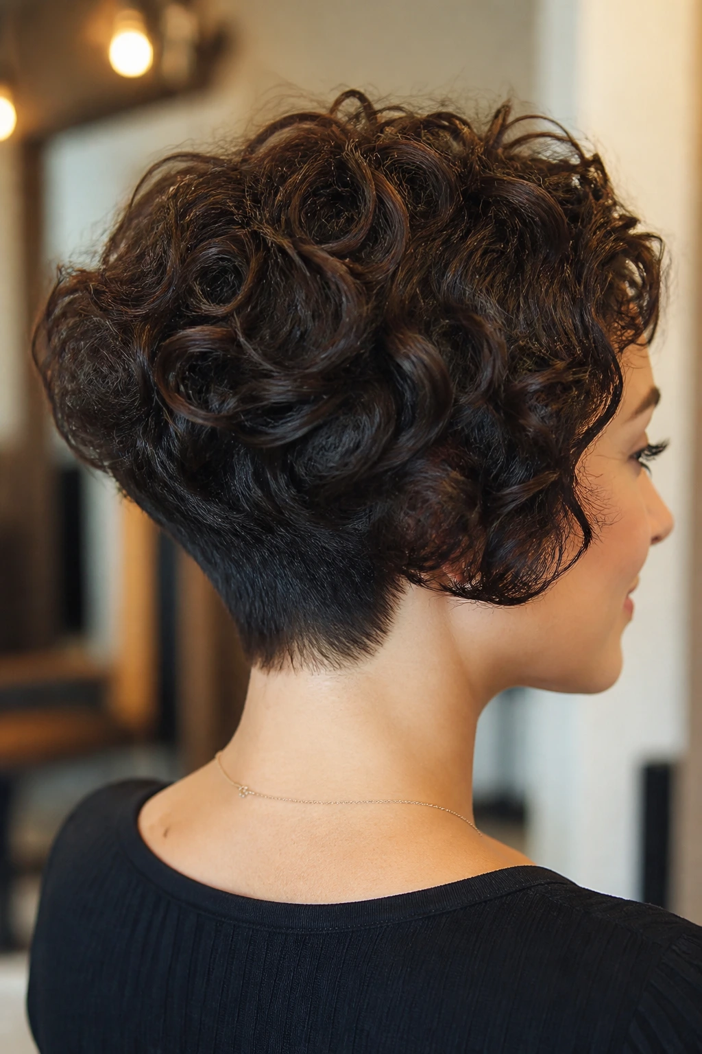 Real woman with stacked bob and tapered nape in warm salon lighting
