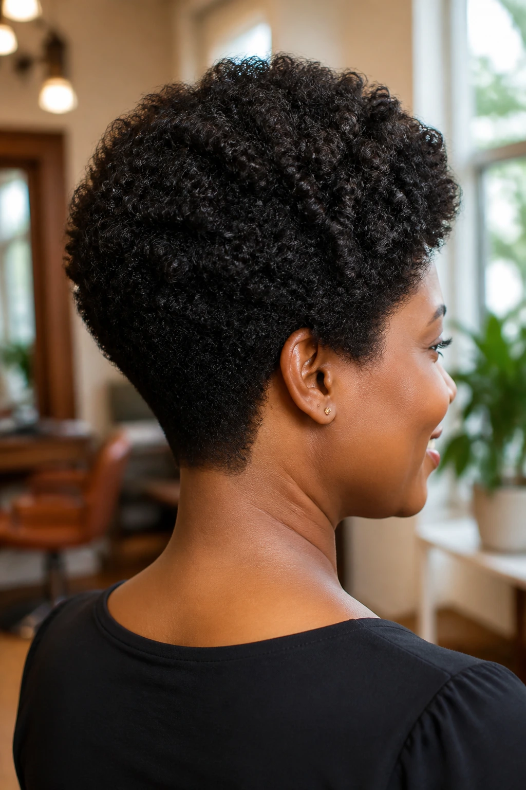 Close-up portrait of a real woman with stacked bob and tapered nape on thick natural hair