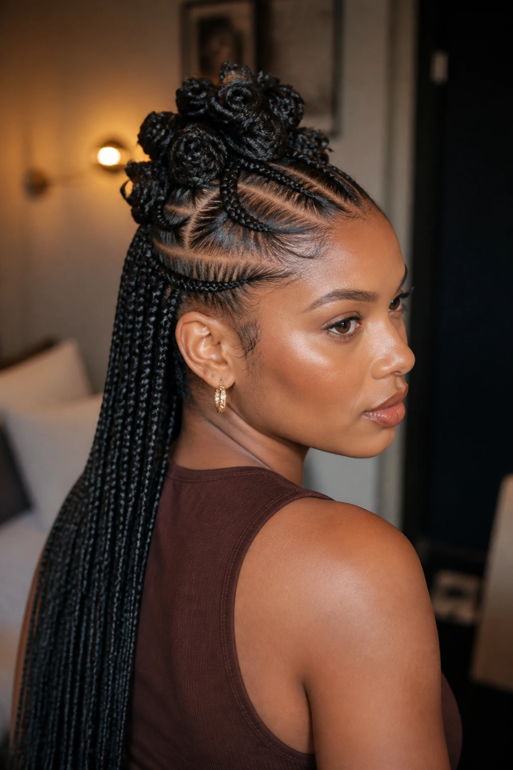 Close-up of a real person with a stacked knot crown and long back braids