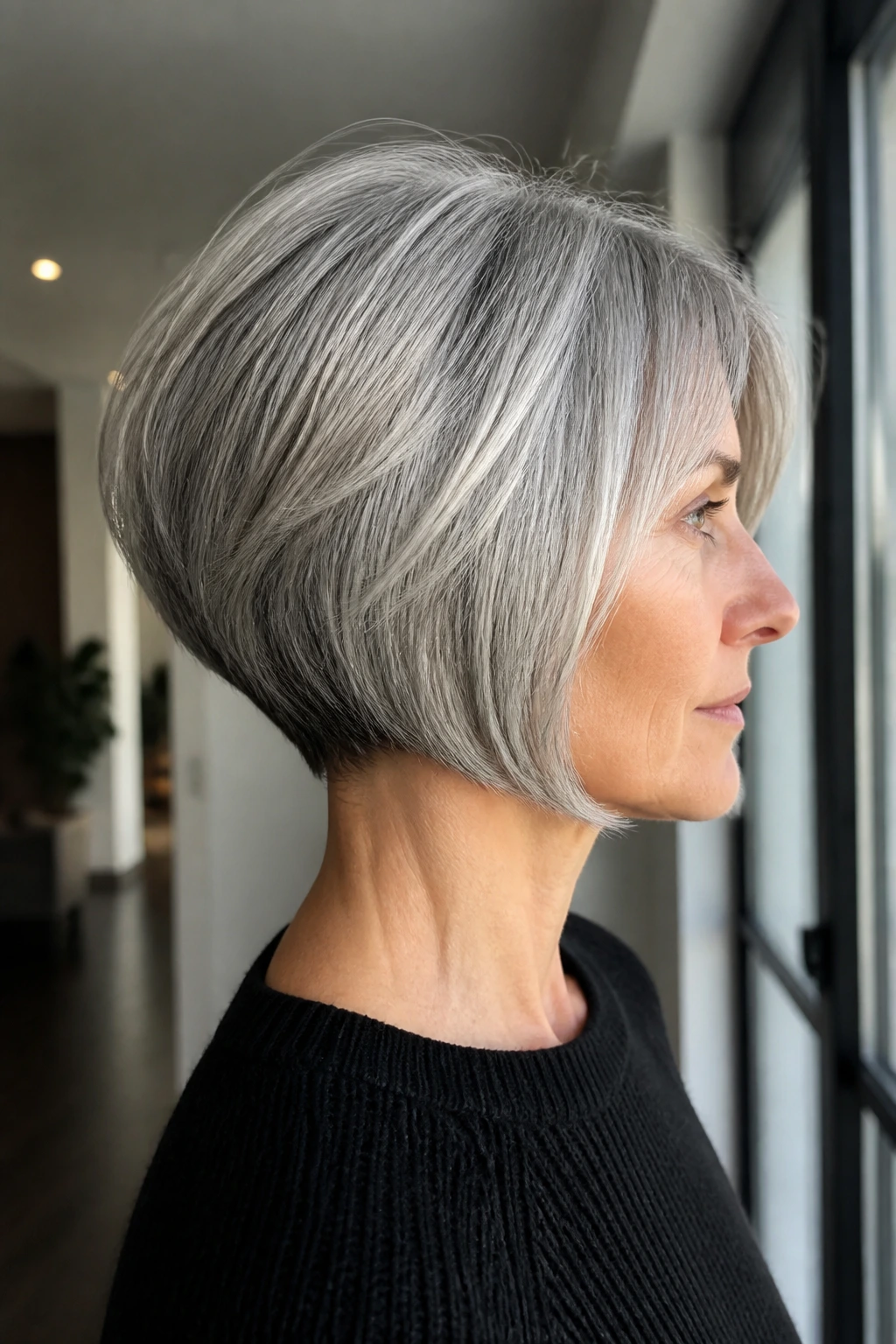 Close-up portrait of a real woman with a stacked silver bob showing crown lift