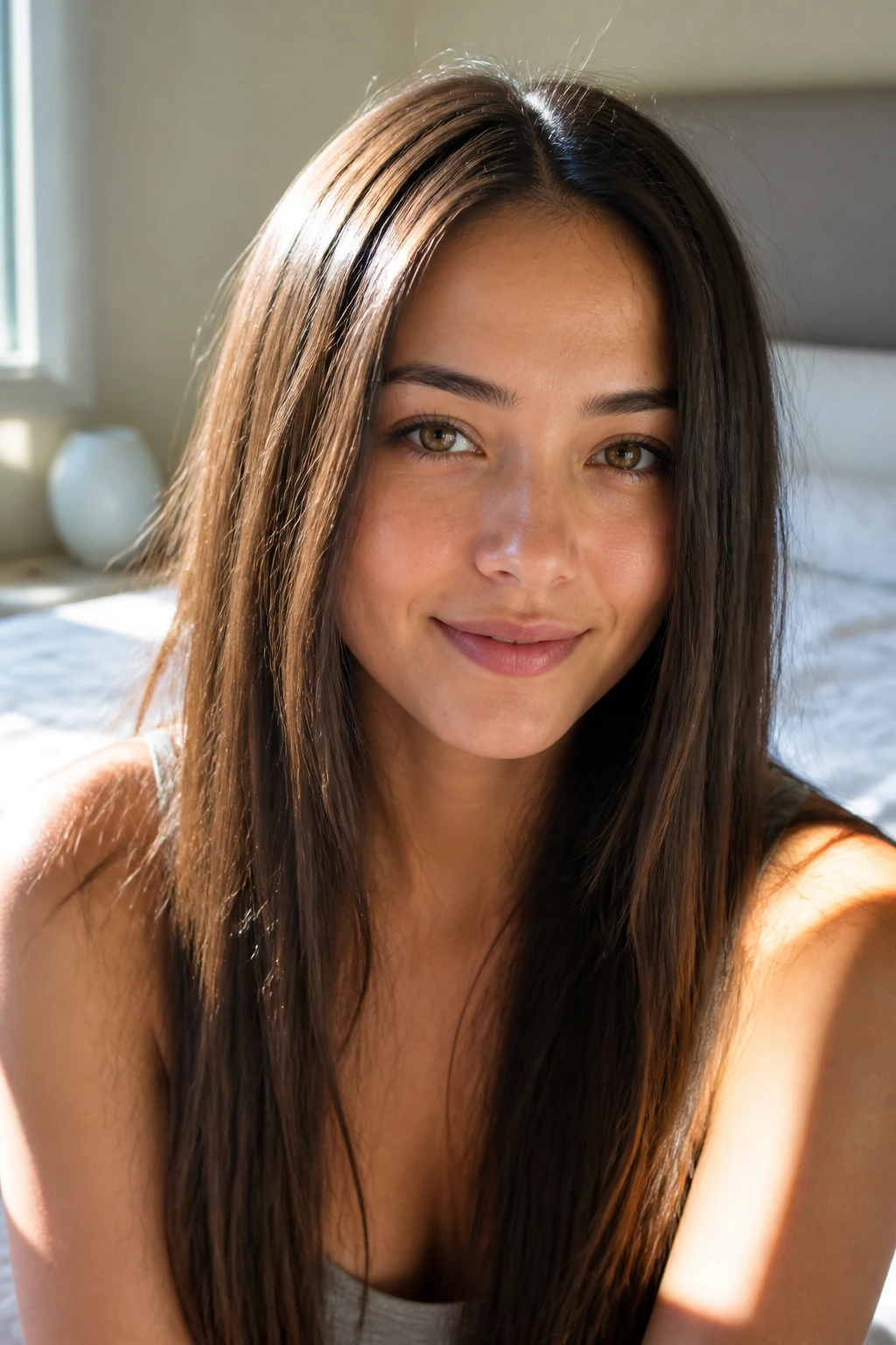 Close-up of a real woman with long straight hair worn down and natural shine