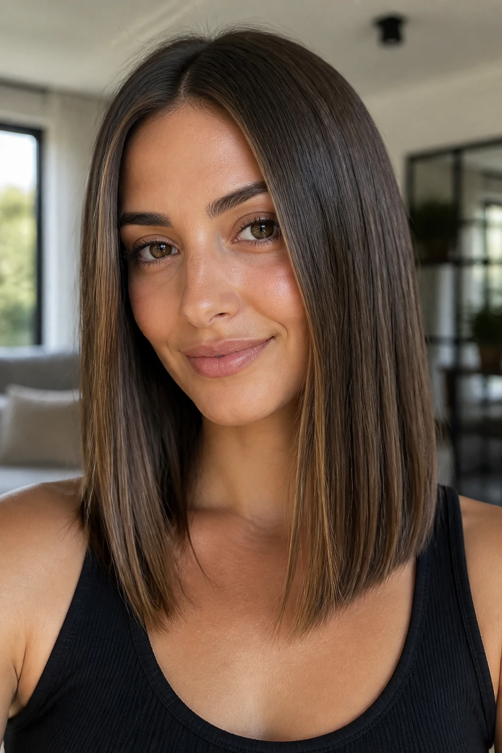 Close-up of a woman with a straight lob hairstyle and glossy hair in natural window light