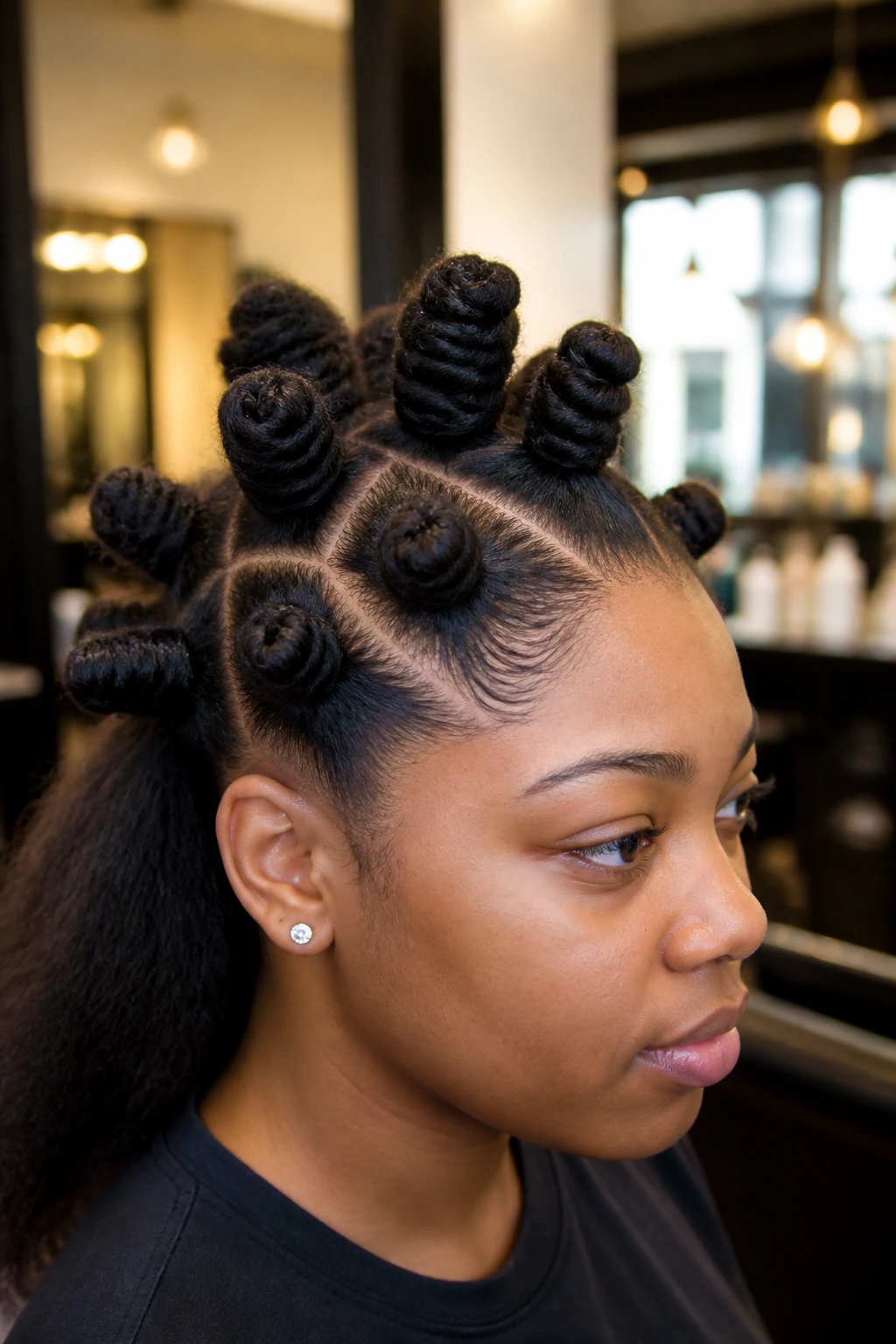 Close-up of a real woman with stretched blowout and Bantu knots for added volume