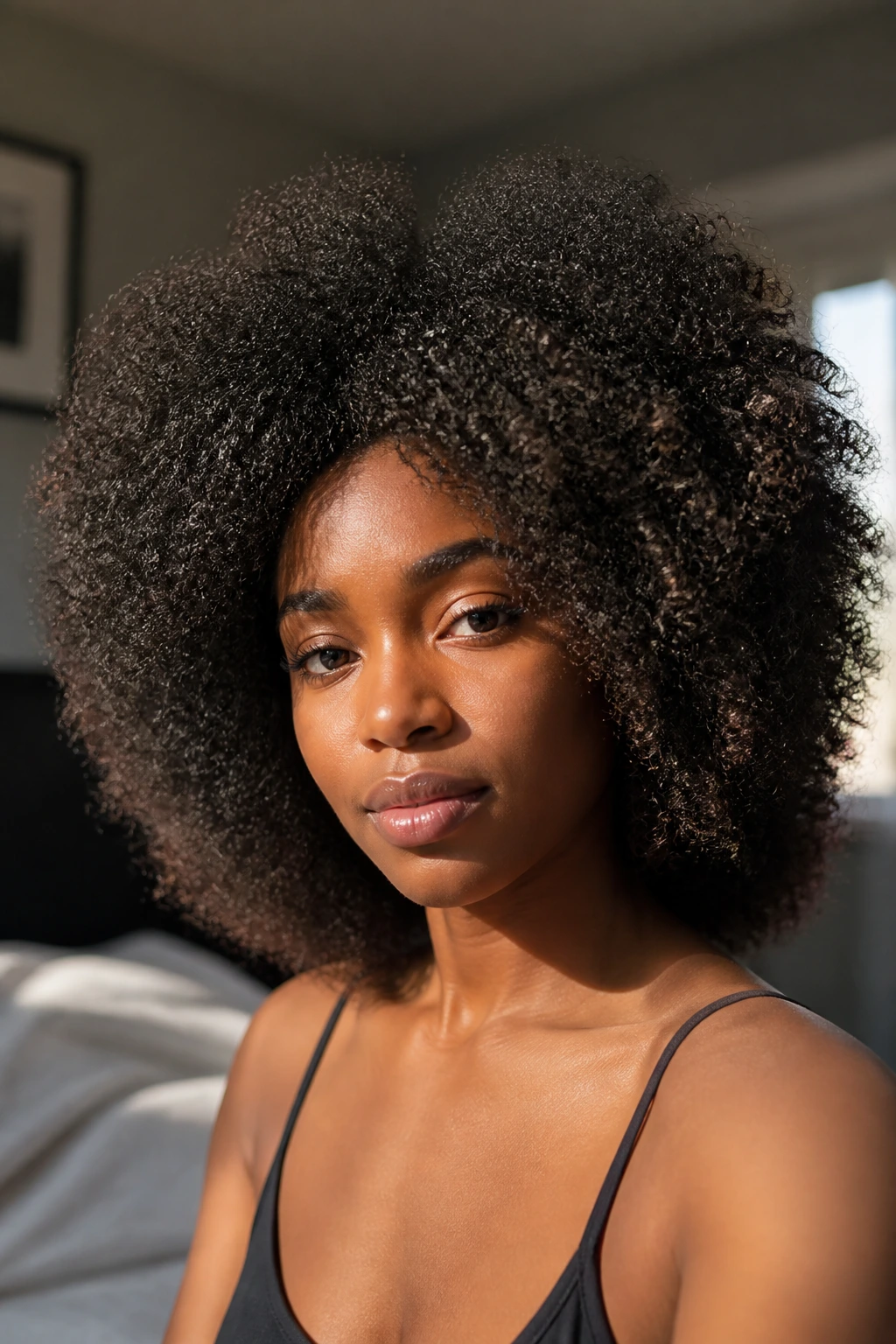 Close-up portrait of a real woman with a stretched curly Afro, head-and-shoulders in a sunlit bedroom.