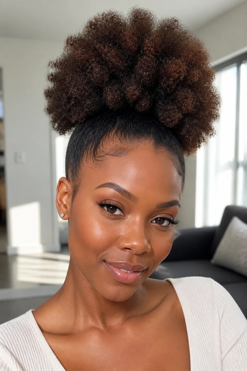 Close-up of a real woman with a stretched puff hairstyle elongating the hair.