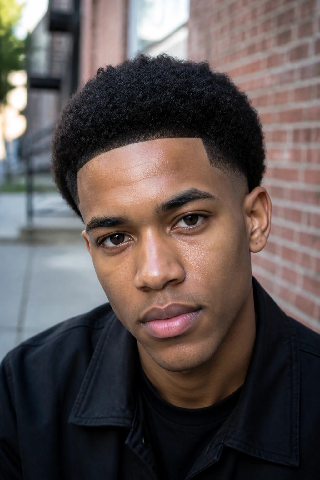 Front portrait of a real person with a tapered afro and a sharp line-up