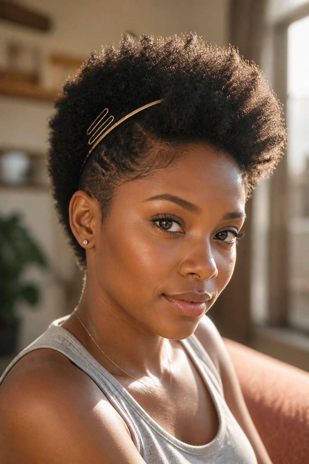Close-up portrait of a real person with a tapered picked-out Afro and hair accessories in a warm indoor setting