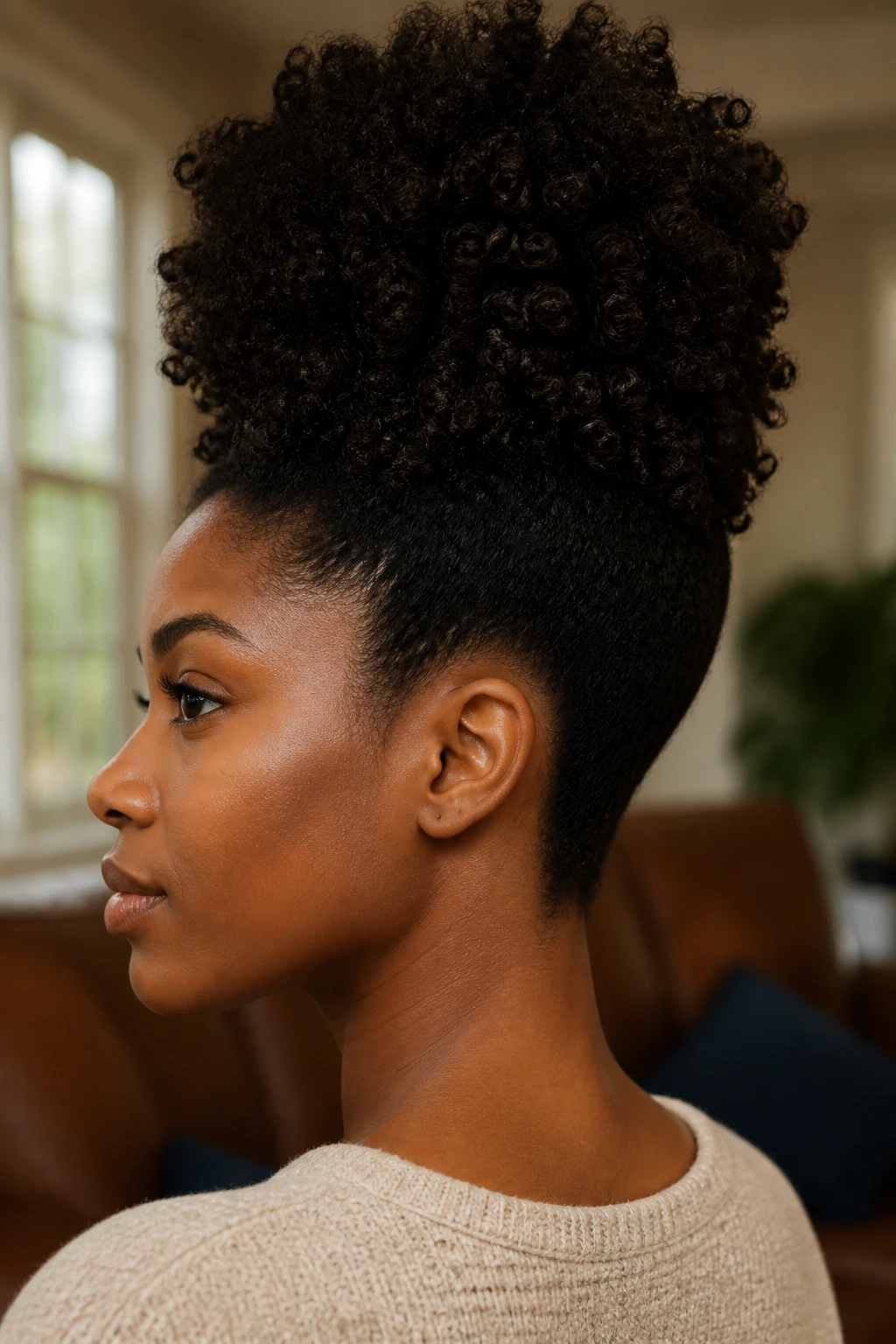 Close-up portrait of a real person with a tapered Afro puff and tapered nape