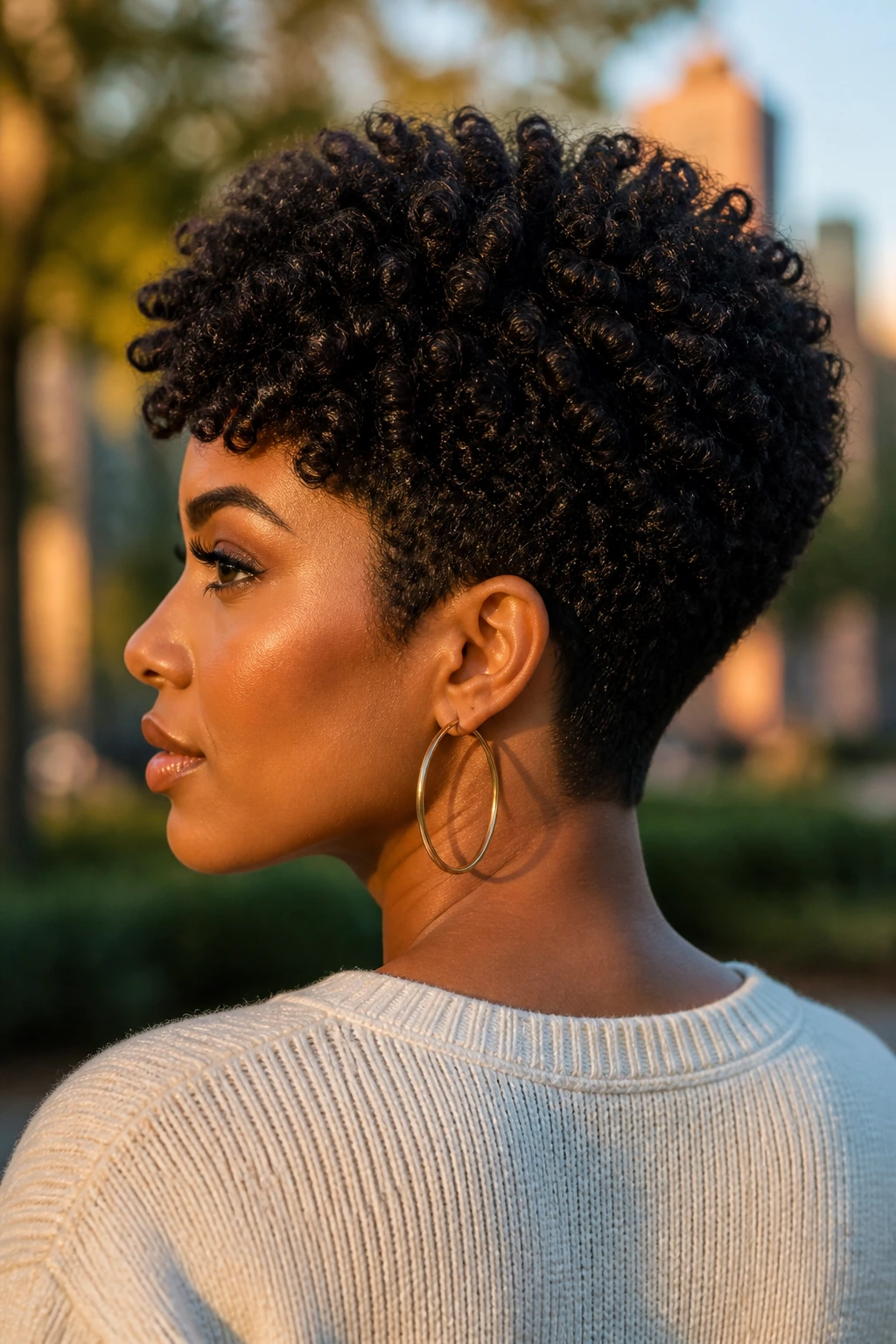 Real person with tapered bob for coily hair in park setting