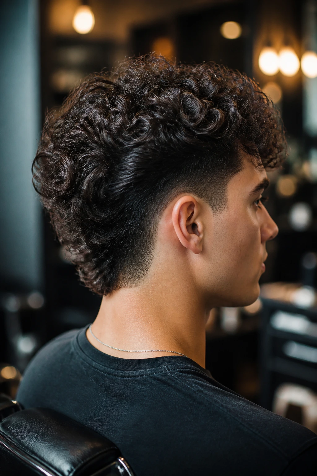 Close-up portrait of a real person with a tapered curly undercut and longer back in a barber shop
