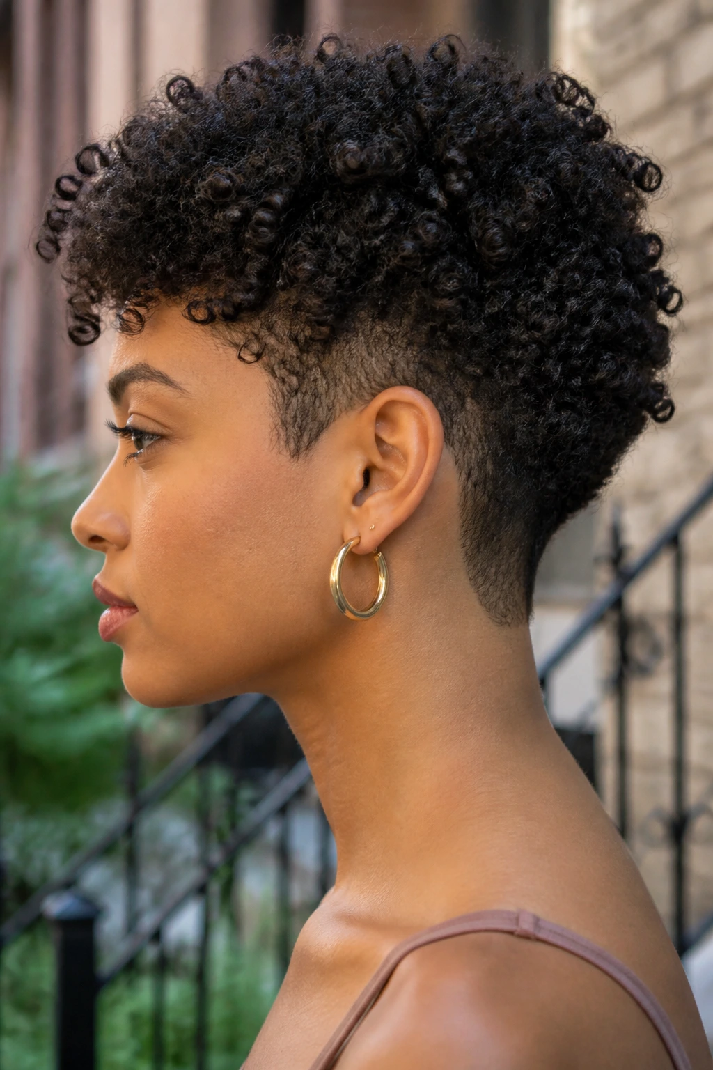 Close-up portrait of a real person with a tapered cut for coils showing a fuller crown and shorter nape.
