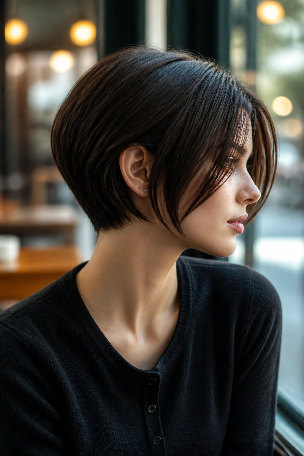 Close-up portrait of a real person with a tapered nape bob, neck-hugging back and soft layers in warm cafe lighting