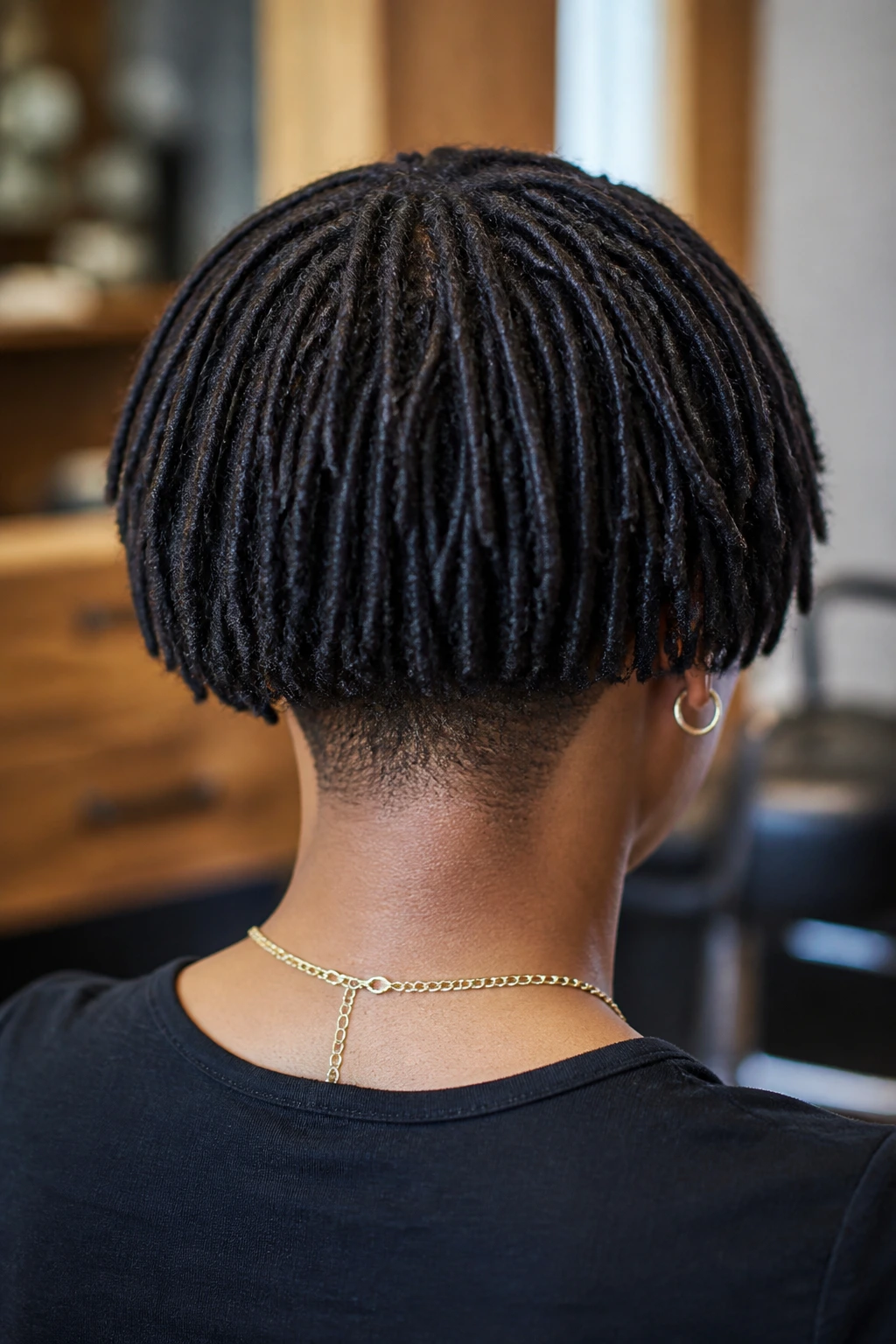 Back view of tapered nape loc bob on real person
