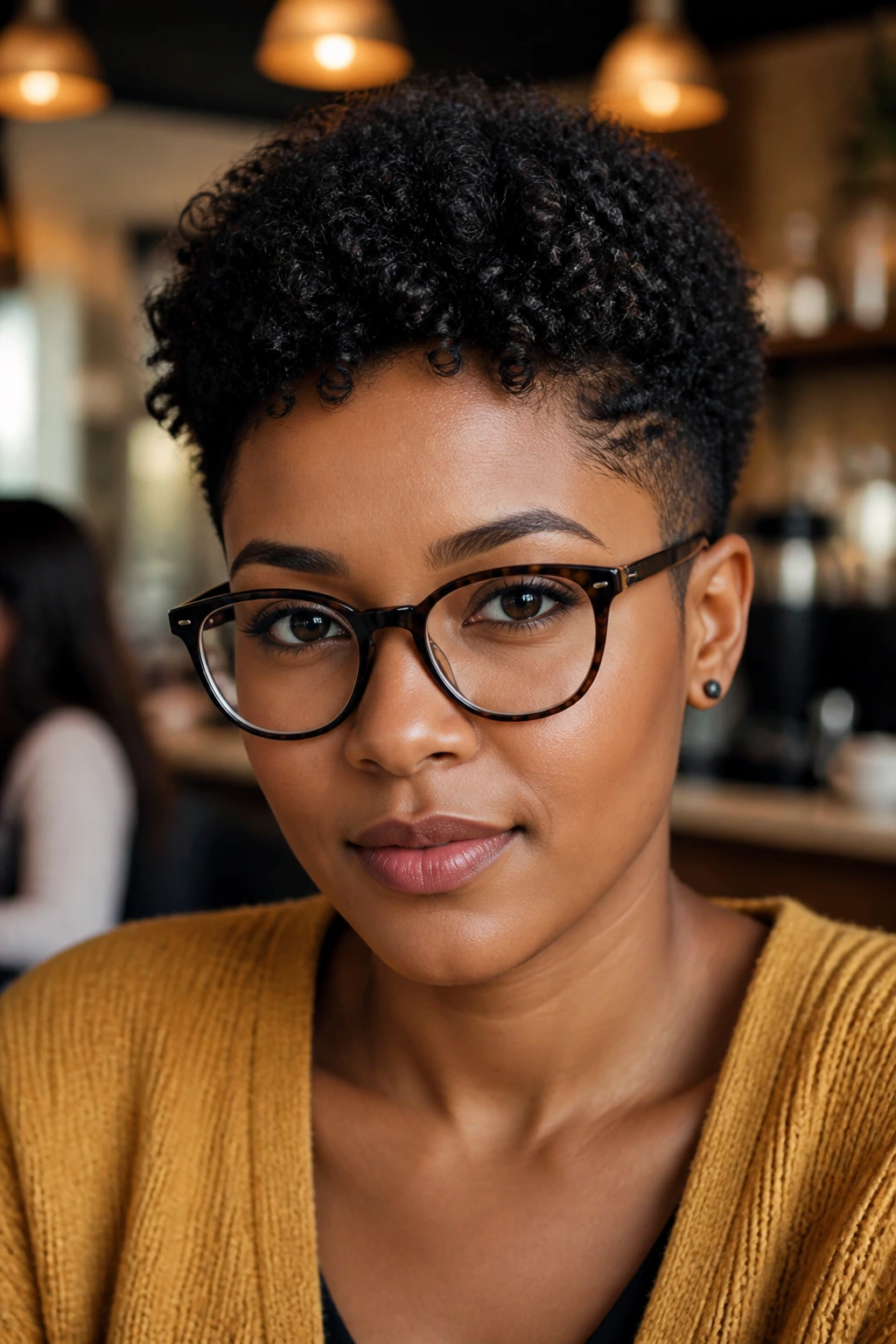Close-up of a real woman with a tapered natural cut and clean sides