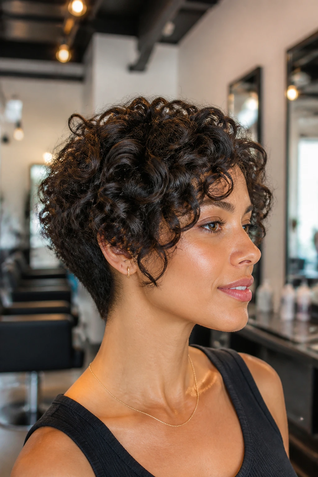 Real woman with tapered neck bob and full crown lift in a bright salon.