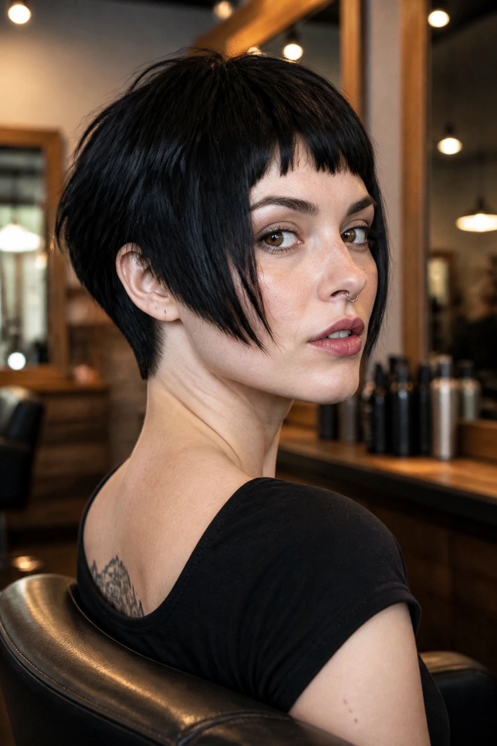 Close-up of a real woman with a tapered punk bob and sharp nape line in a salon setting