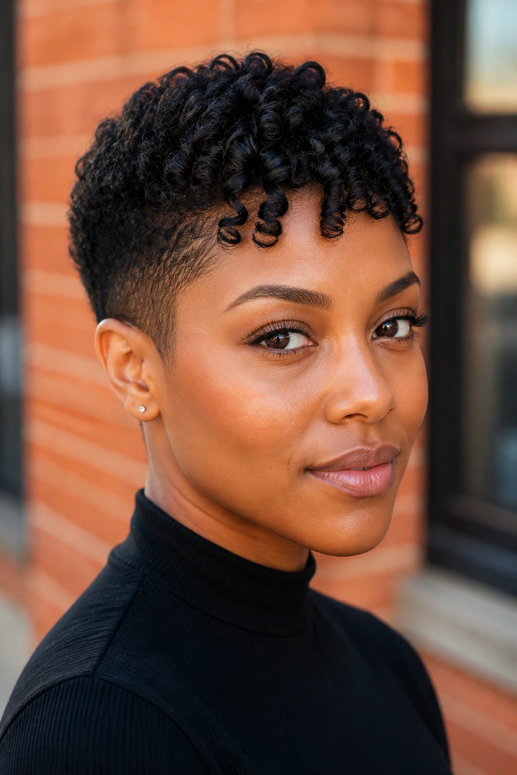 Close-up of a real person with a tapered afro and finger-coiled front curls