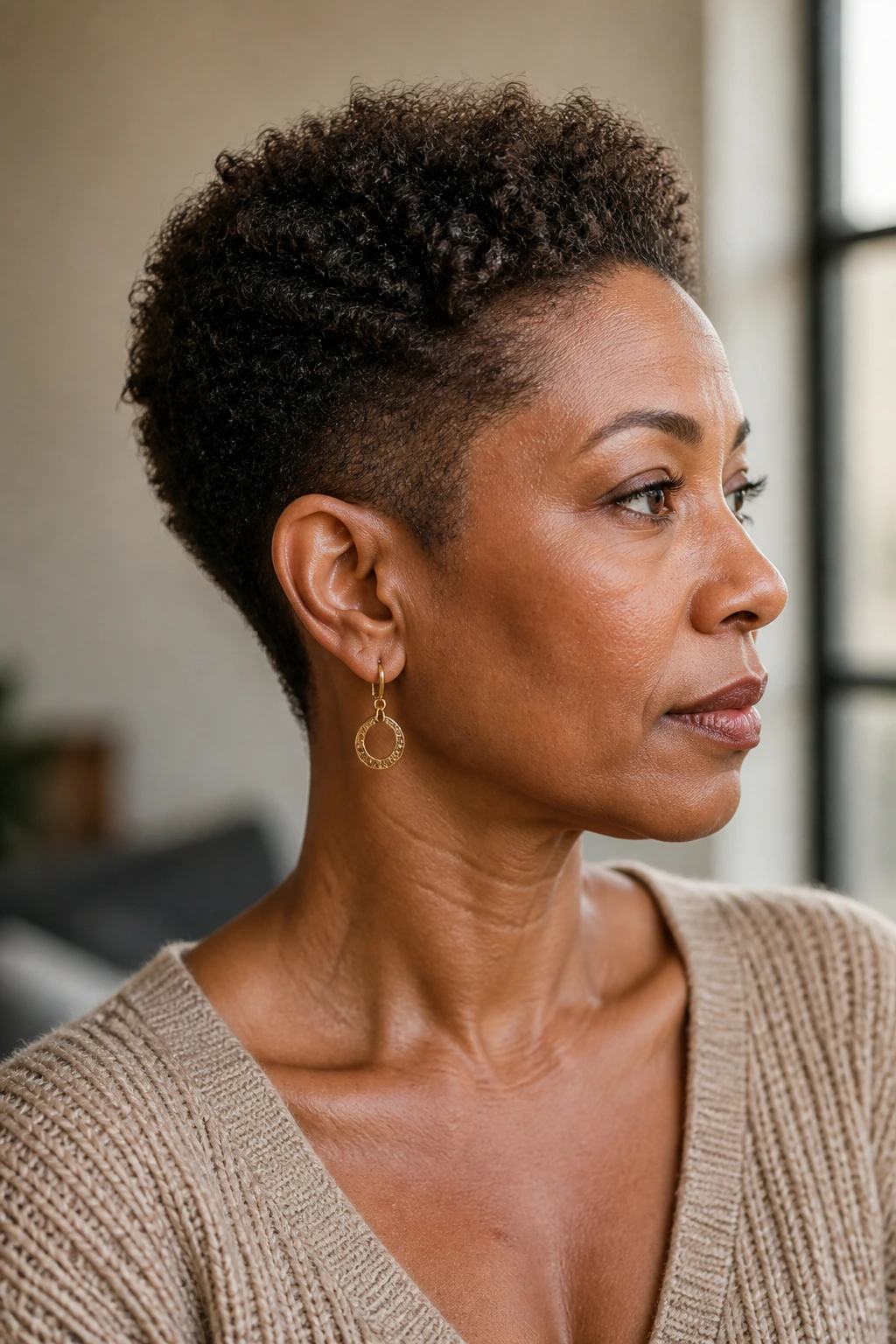Close-up portrait of a real woman with a tapered TWA hairstyle in warm window light
