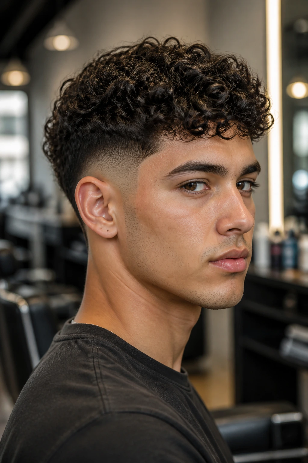 Portrait of a real person with temple fade curly undercut and textured top curls