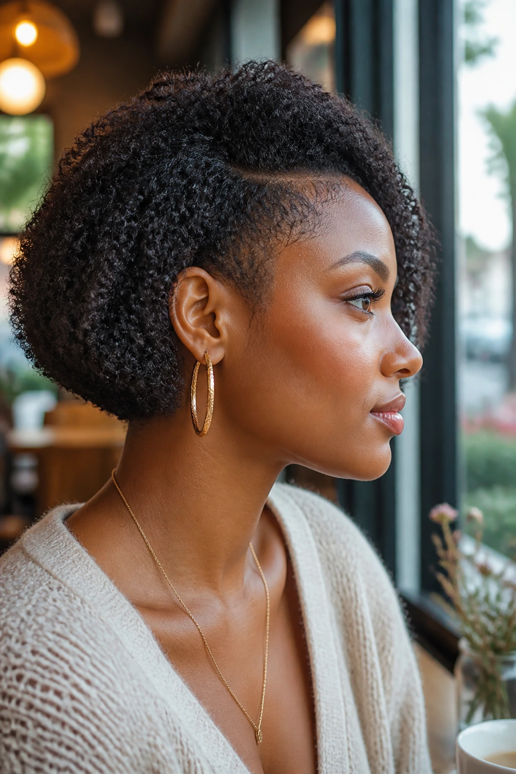 Close-up profile of a real woman with temple-tapered bob