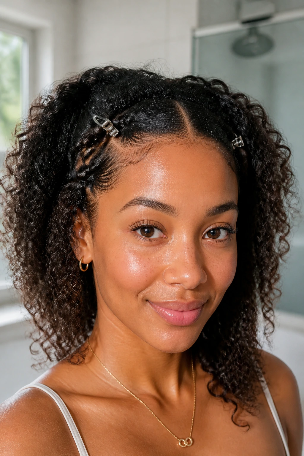 Close-up of a real person with temple twists clipped back at the hairline