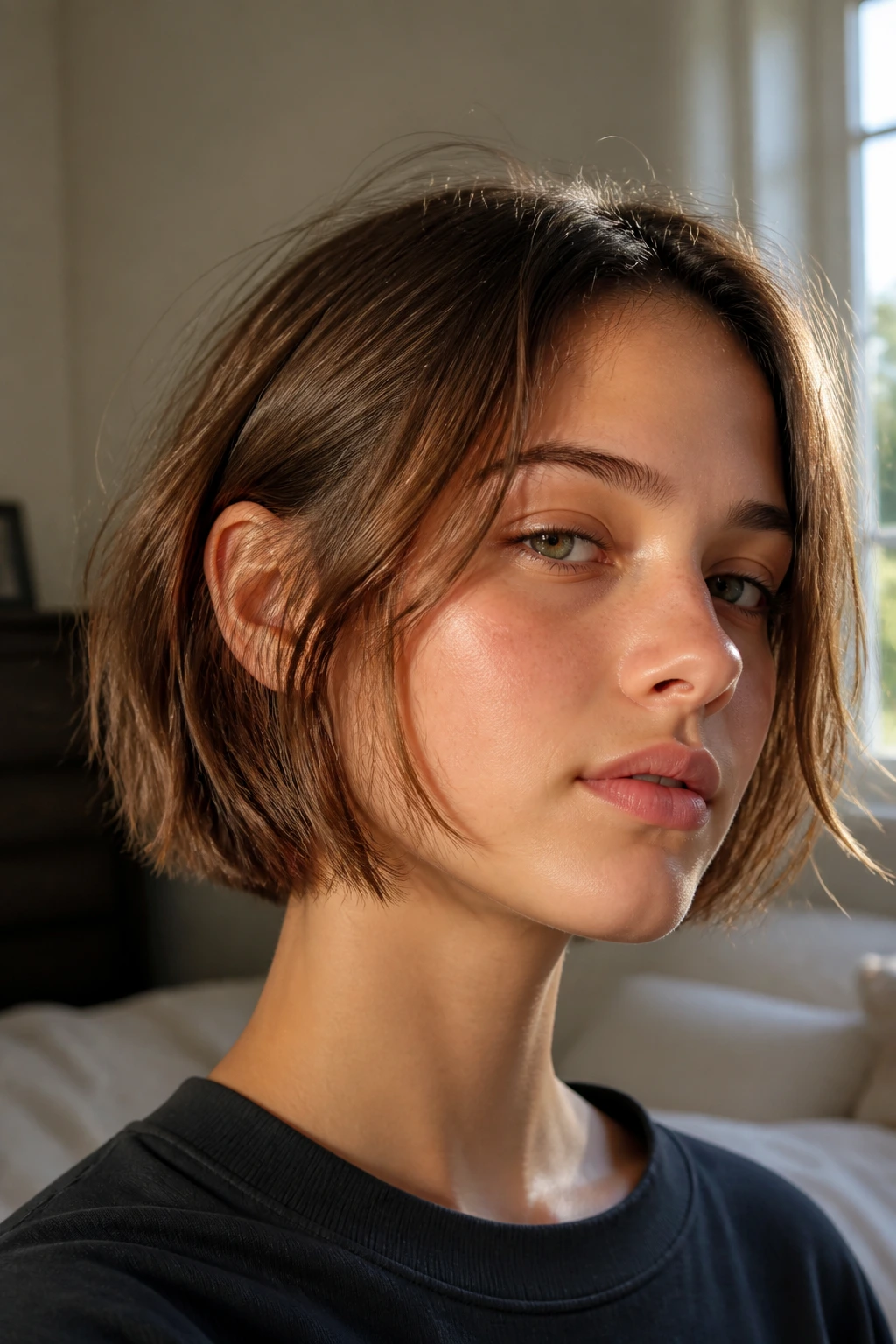 Close-up of a real teen girl with a textured chin-length bob in soft natural light